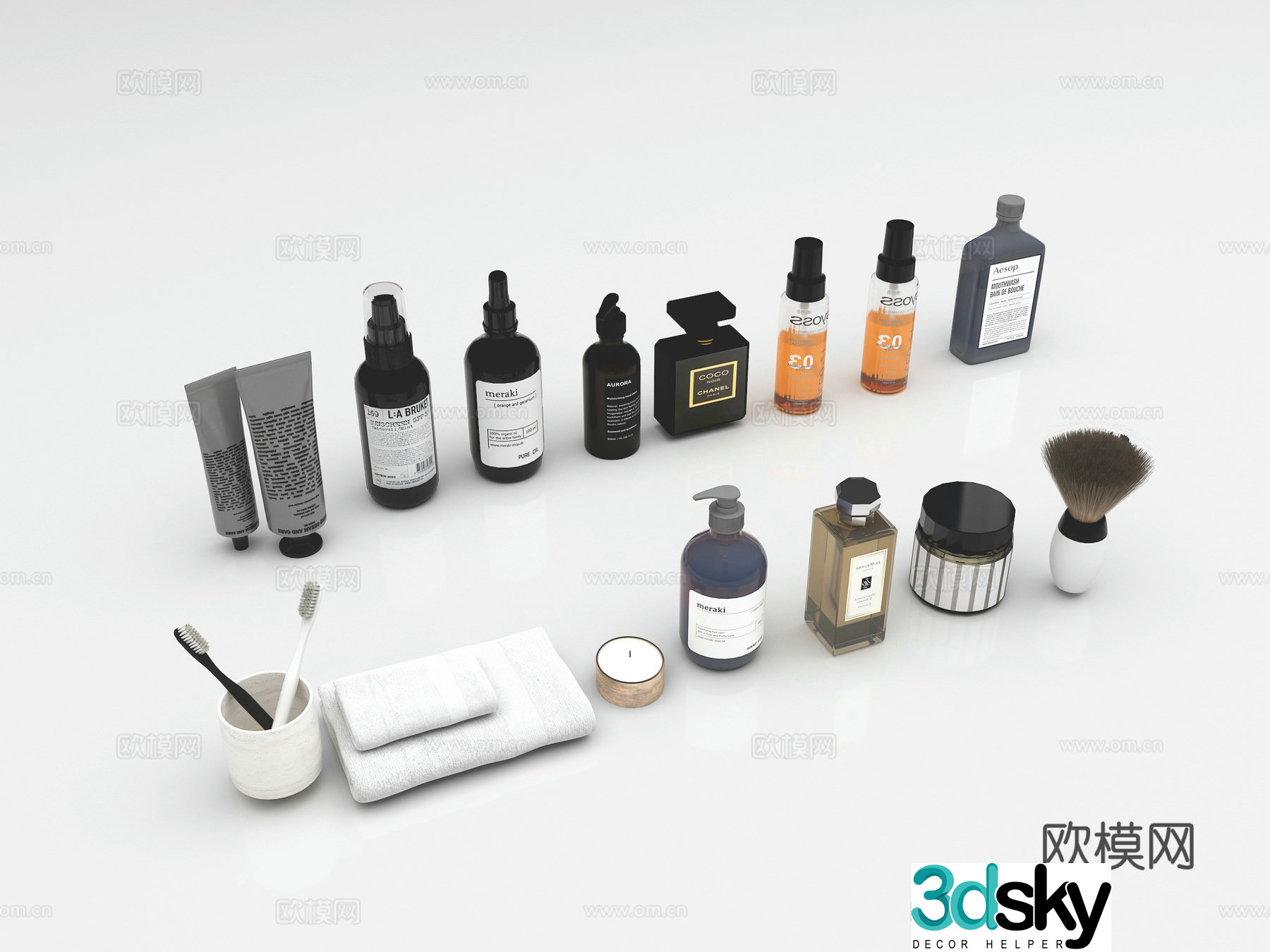 Toiletries cosmetics skin care products facial cleanser hair cream brush 3d model