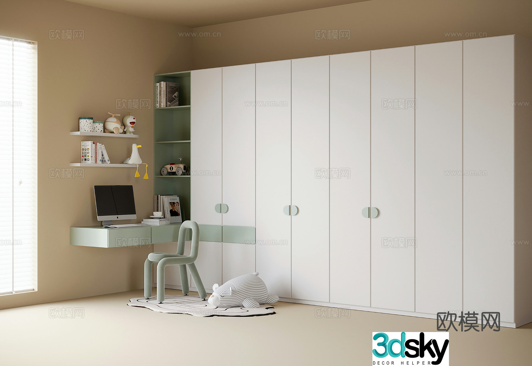 Modern children’s desk wardrobe integrated 3D model