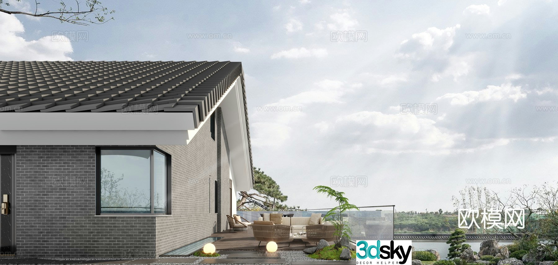 New Chinese style outdoor balcony 3D model