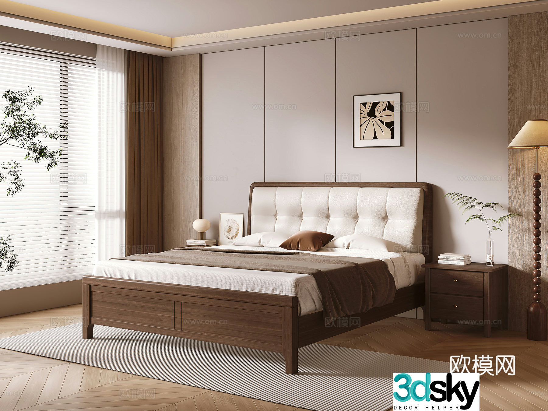 New Chinese-style solid wood double bed 3D model