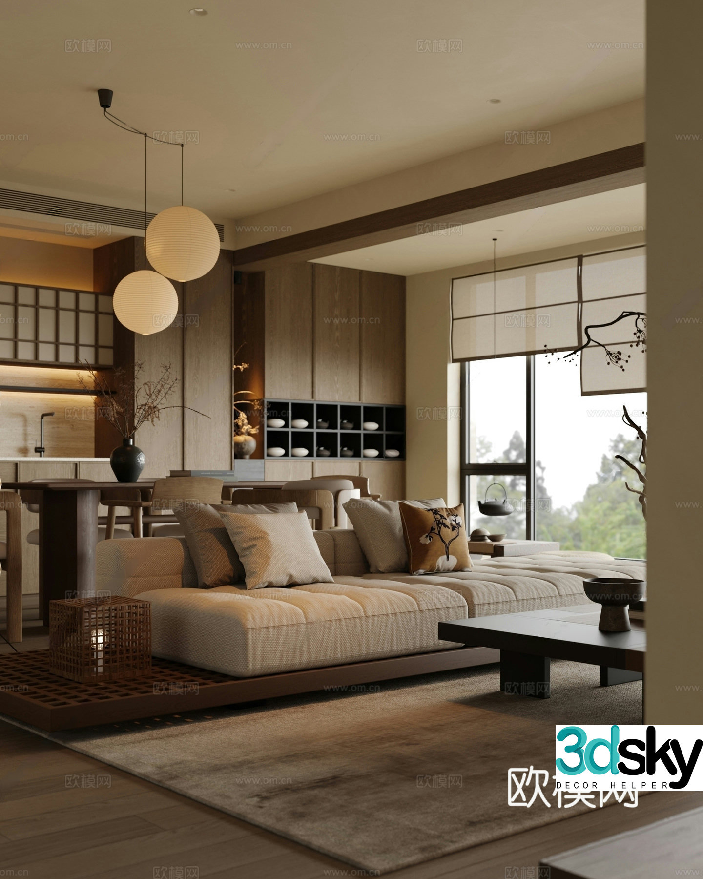 Zen New Chinese Style Home Living Room Zen Living Dining Song Living Room Non-Light Living Room Horizontal Hall 3D Model