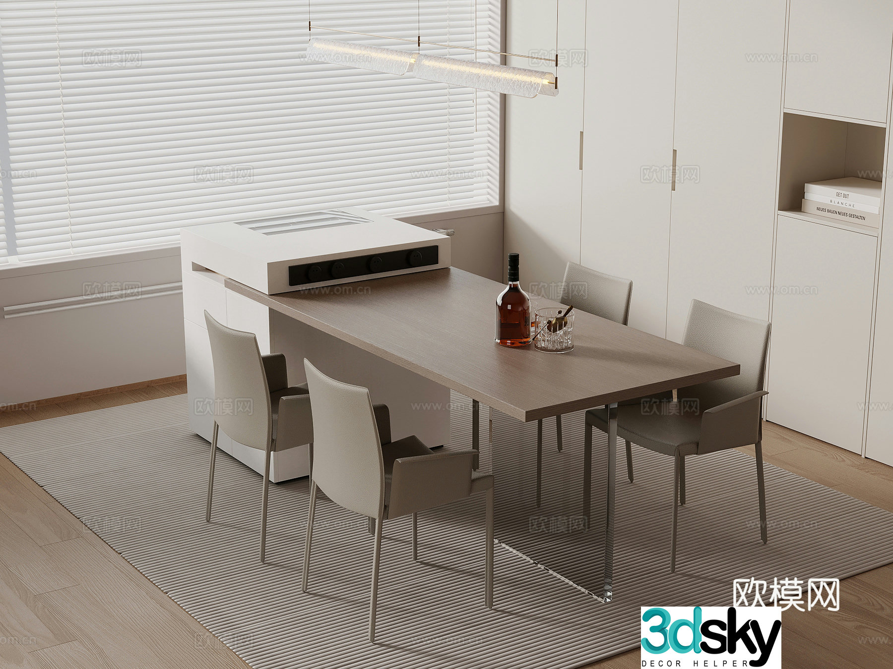 Modern minimalist island dining table and chair 3D model
