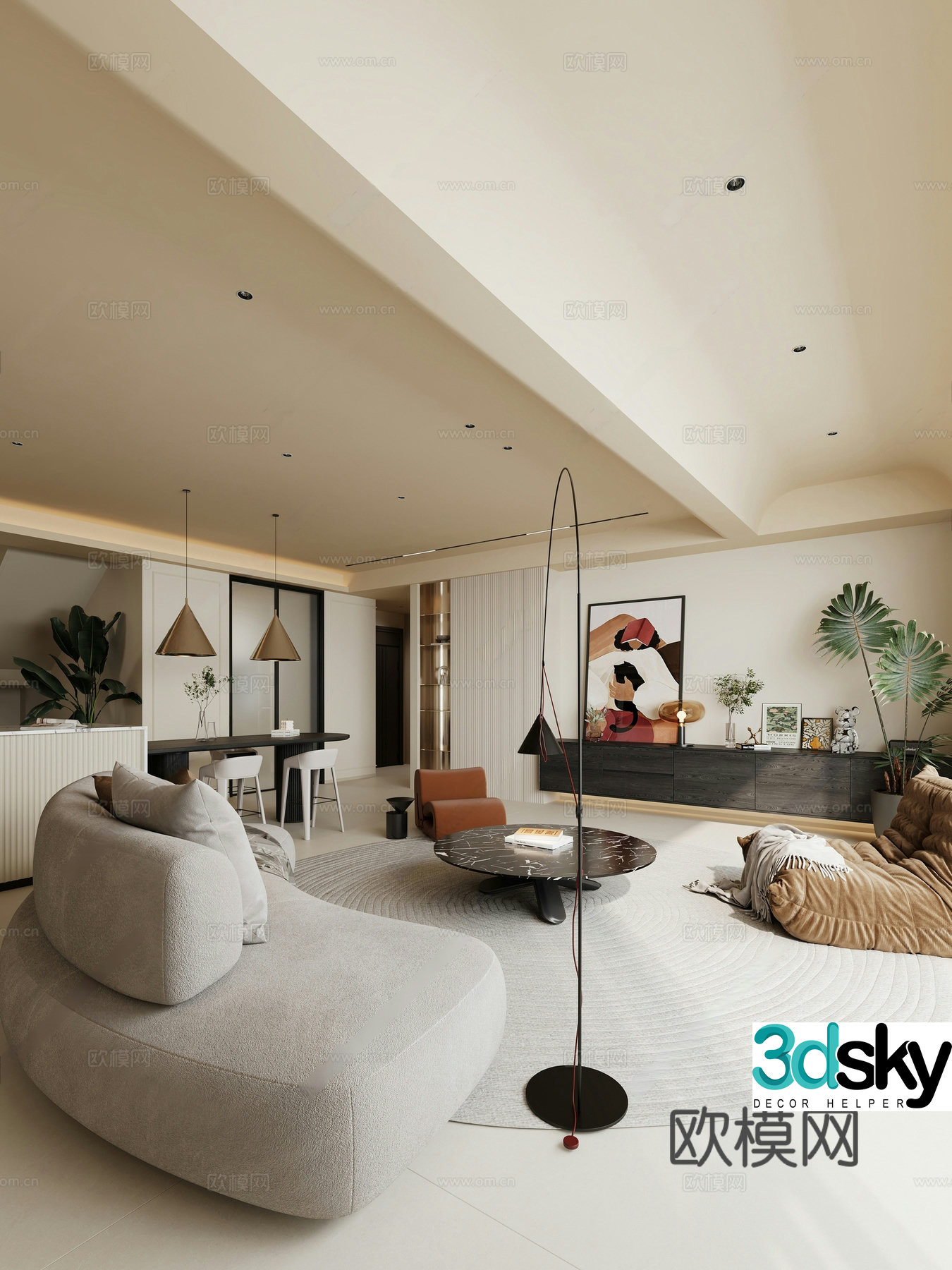 Creamy minimalist living and dining room sofa and coffee table combination dining table and chair combination TV cabinet round carpet 3D model