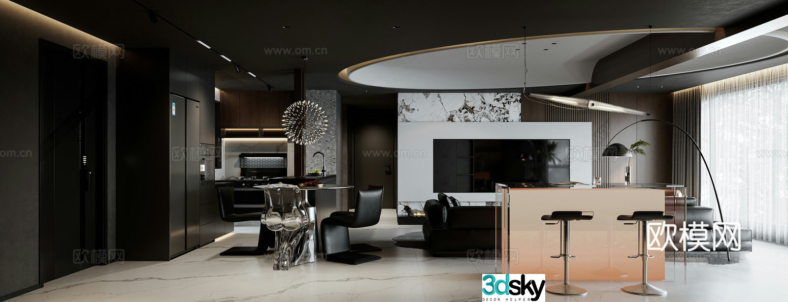 Italian light luxury living restaurant bar Taichung Island dining table and chair combination sofa and coffee table combination open kitchen 3D model