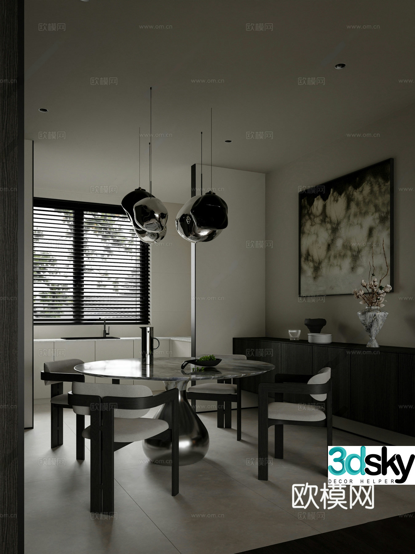 Modern home restaurant special shape dining table and chair combination sideboard restaurant chandeliers 3D model