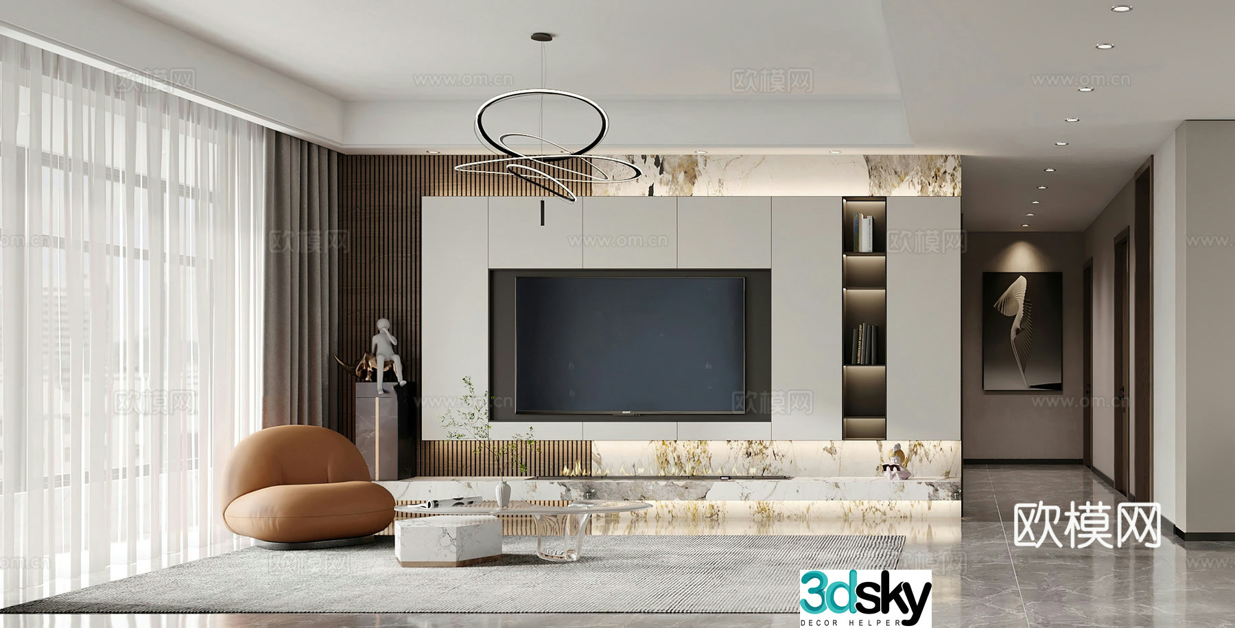 Modern living and dining room TV background wall TV cabinet leisure chair wine cabinet dining table modern light luxury 3D model