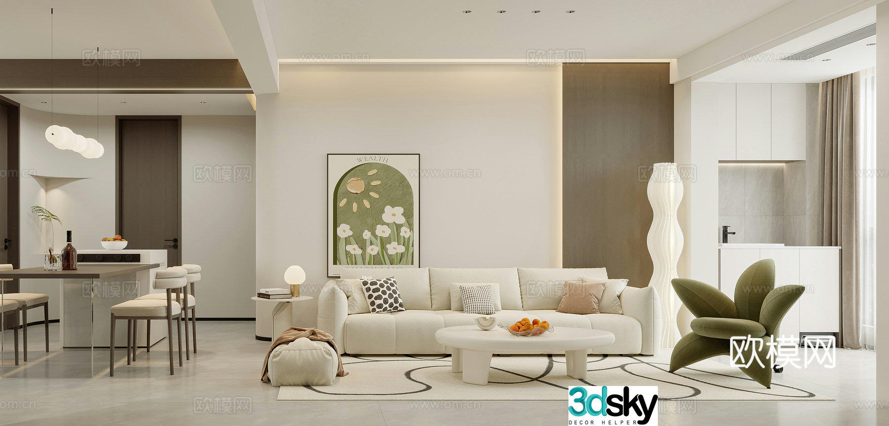 Modern living and dining room creamy living room combination sofa dining table leisure chair sweeping robot 3d model