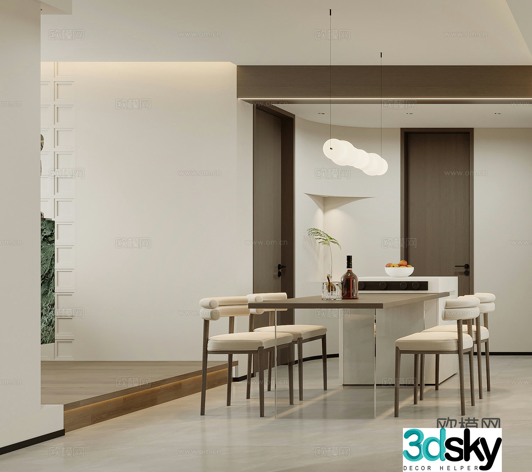 Modern restaurant dining table island chandelier cream style simple modern living restaurant 3d model