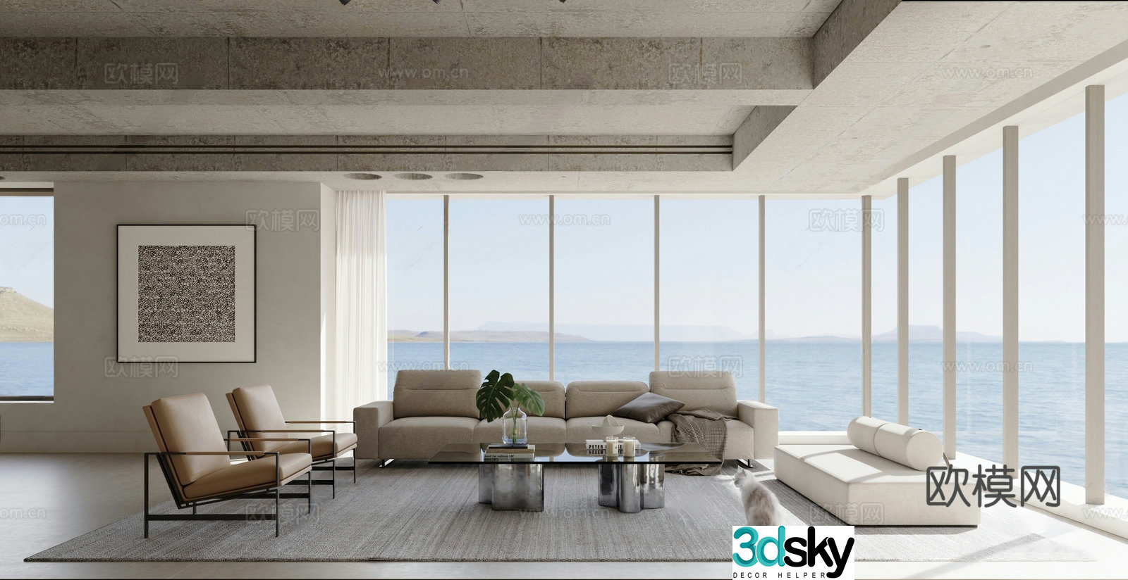 Modern minimalist home living room horizontal hall high-end gray living room sofa coffee table combination pet cat 3d model