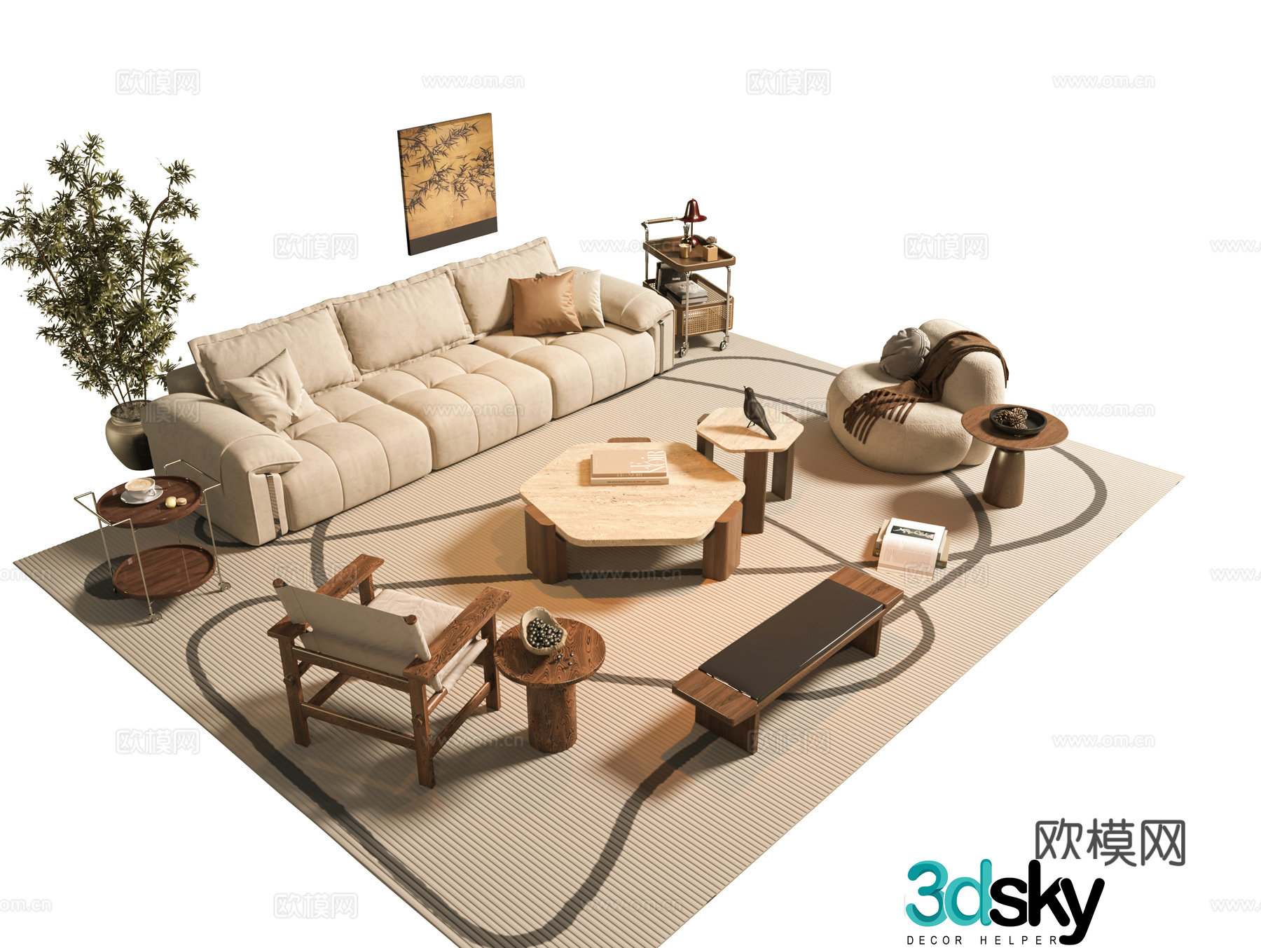 Modern medieval sofa tea table combination jewelry ornaments Wasabi sofa combination medieval style decoration painting 3D model