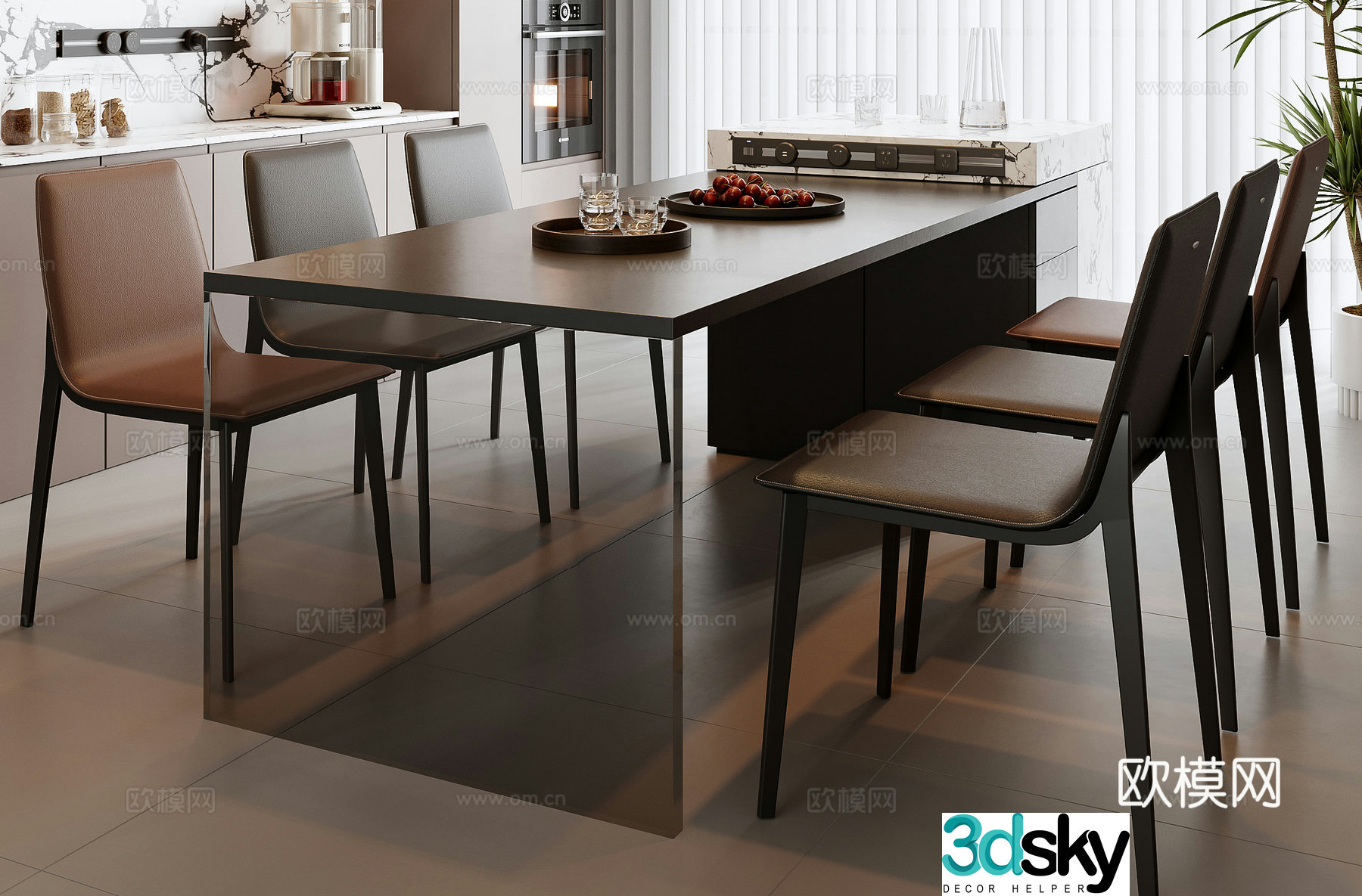 Italian dining table and chair combination 3D model