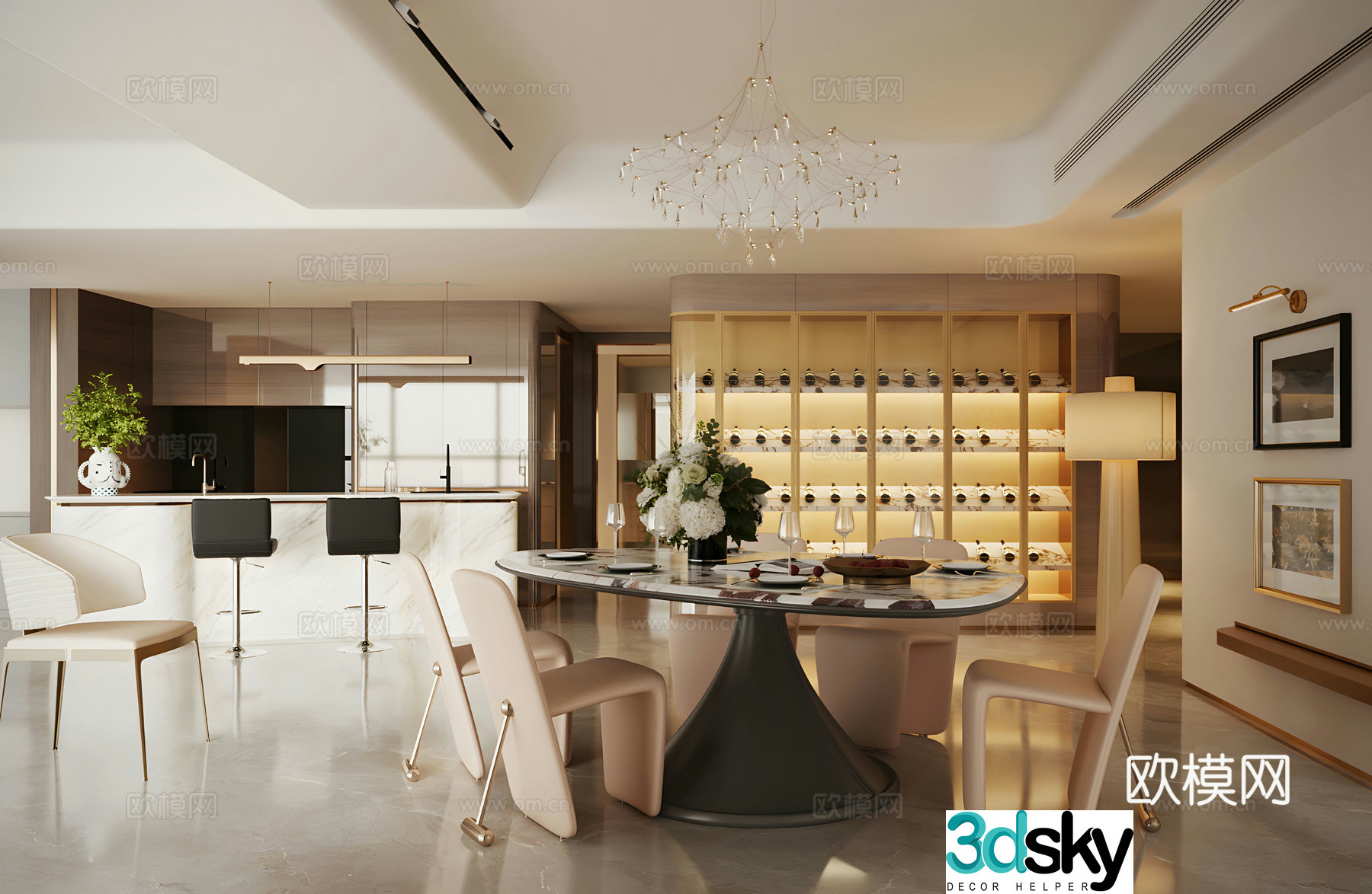Italian light luxury villa restaurant Light luxury Italian round table restaurant Marble dining table Restaurant crystal chandeliers 3D model