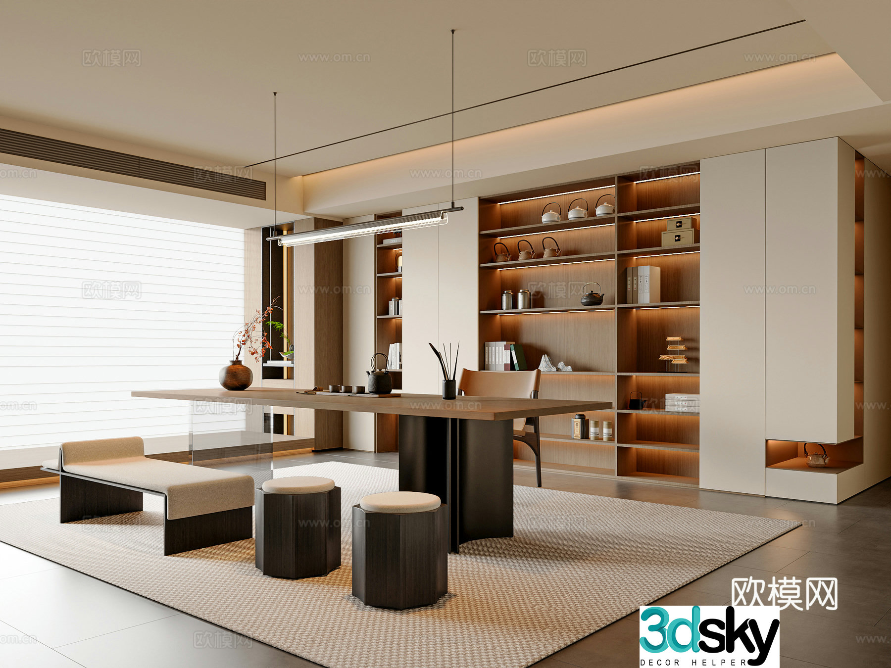 New Chinese style Chinese tea room tea table and chair combination tea room cabinet new Chinese style chandeliers tea room accessories ornaments 3D model