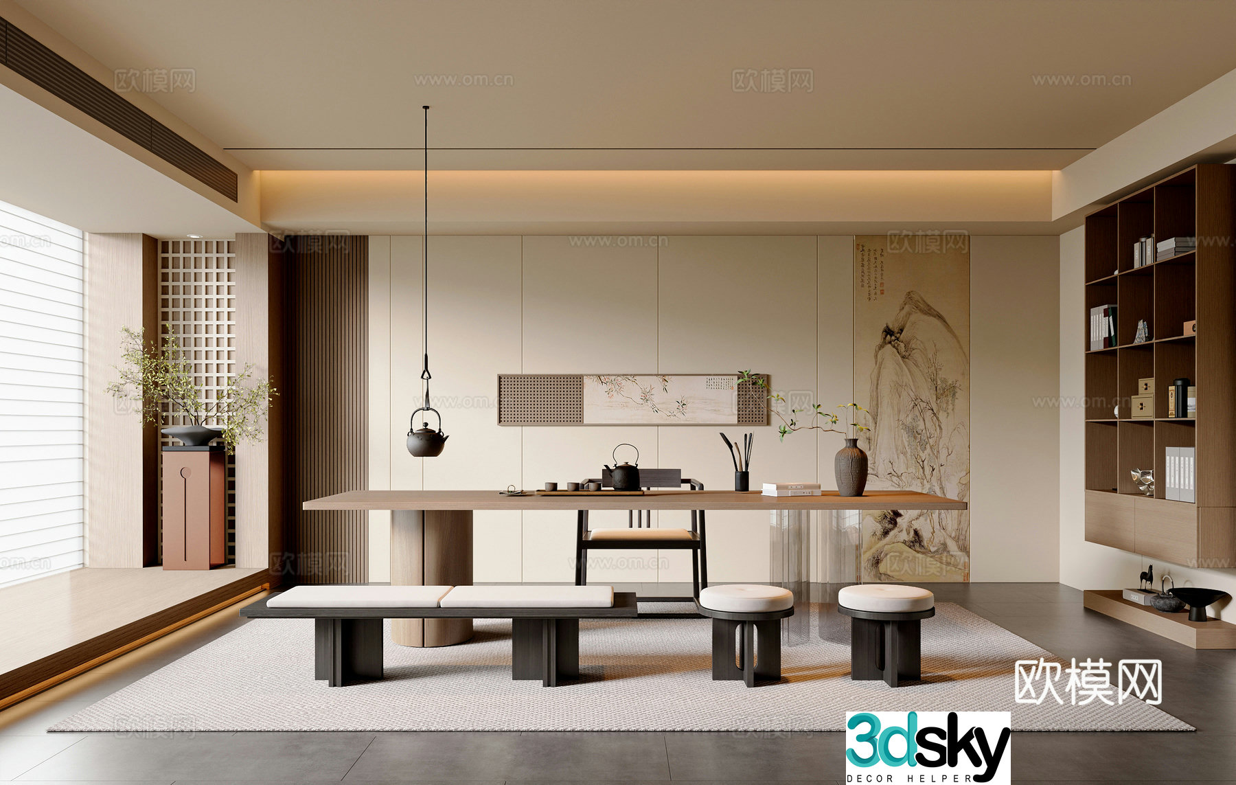 New Chinese style Chinese tea room tea table and chair combination tea room cabinet new Chinese style background wall tea room jewelry 3D model