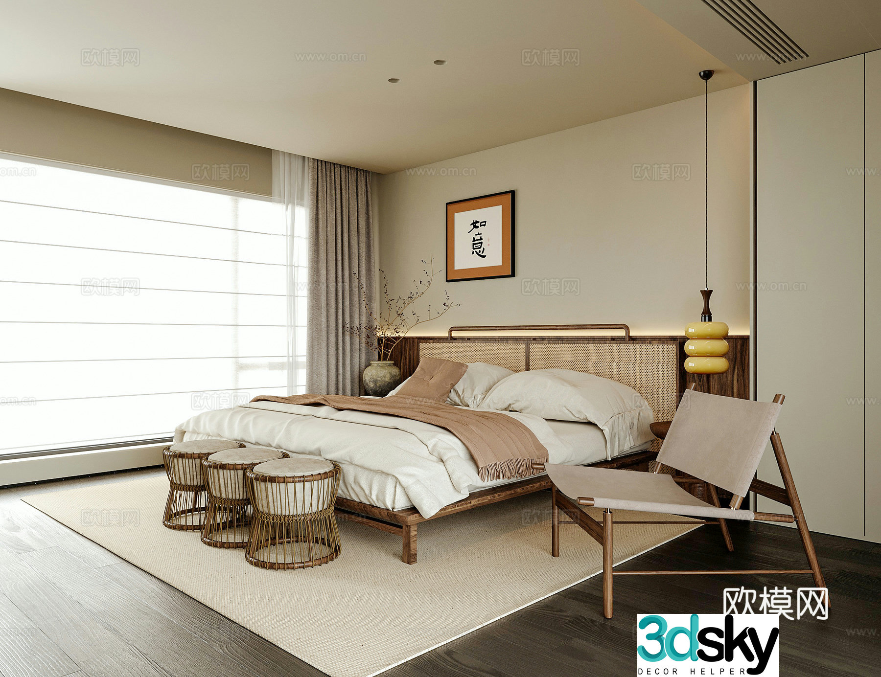 Wasabi Bedroom Bed and Breakfast Room Double Bed Leisure Chair 3D Model