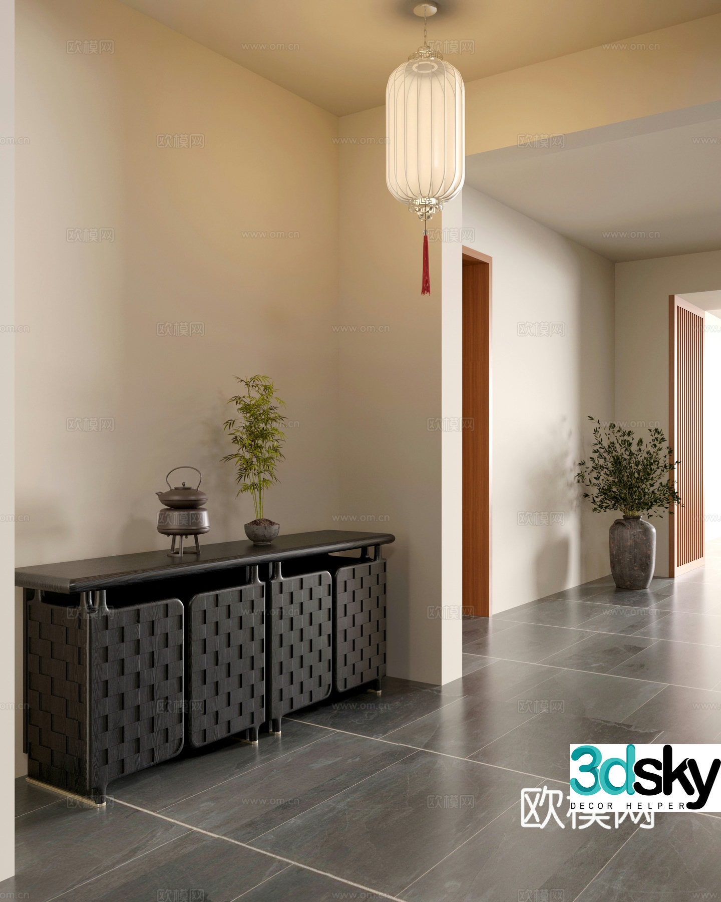 New Chinese style entrance cabinet Song style entrance cabinet Aisle Middle-aged side cabinet Low cabinet Green plants Lantern 3D model
