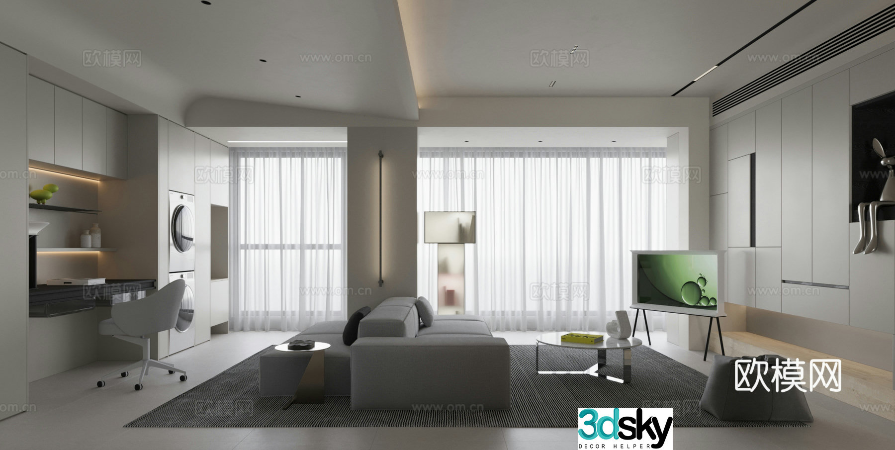 Living room sofa carpet coffee table hanging painting floor lamp restaurant 3d model