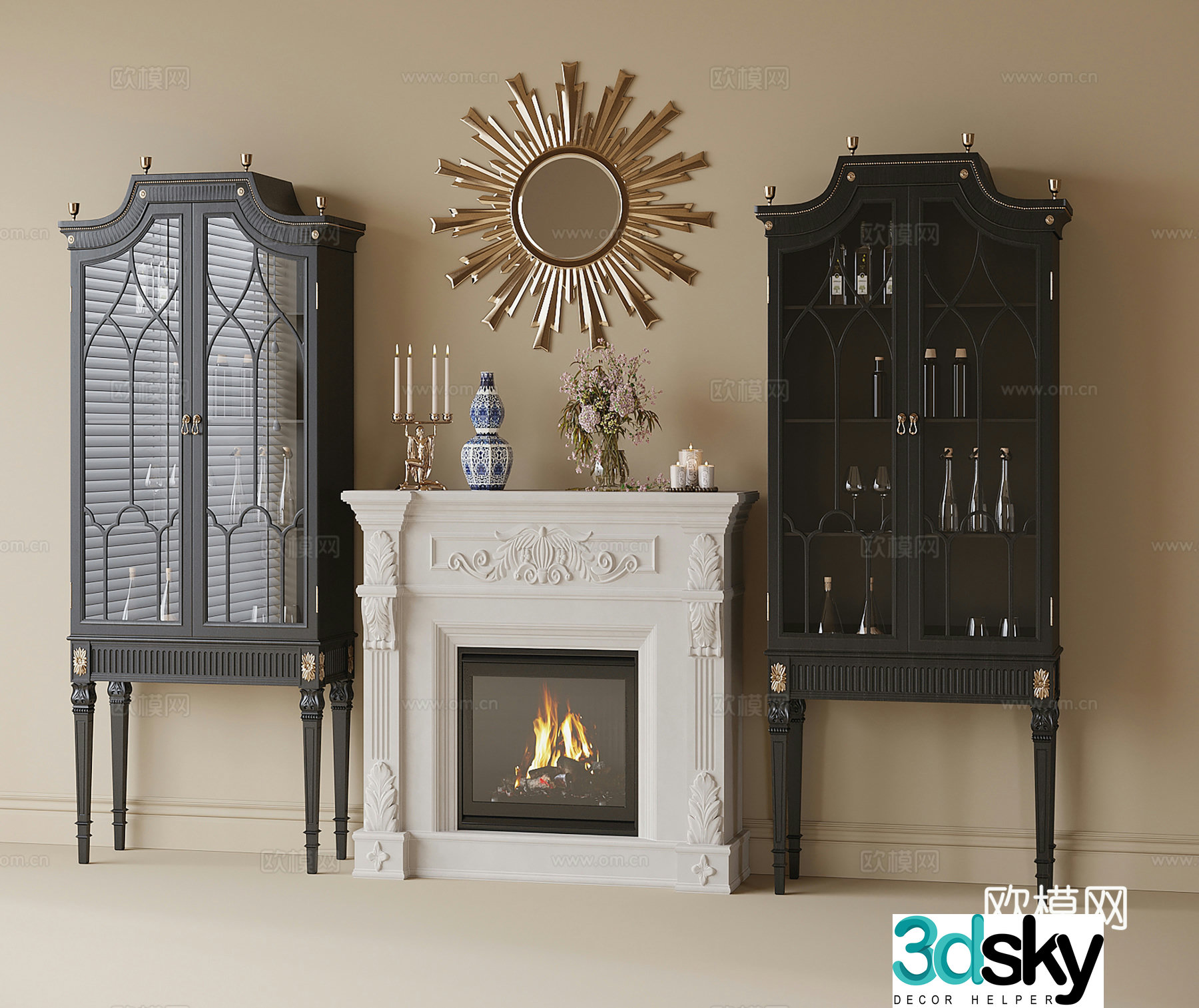 French fireplace decorative cabinet high-legged cabinet 3d model