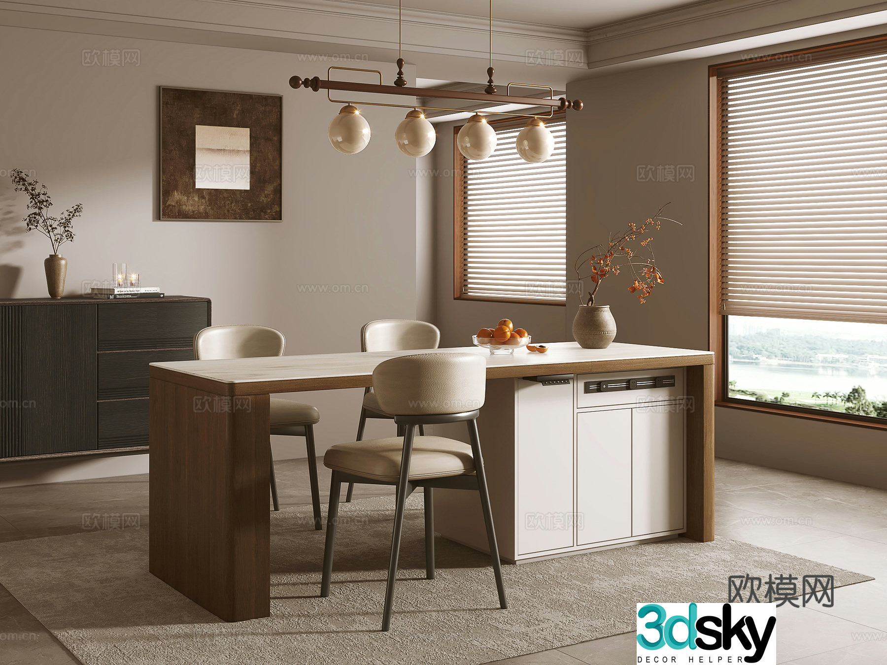 Medium style island dining table 3D model