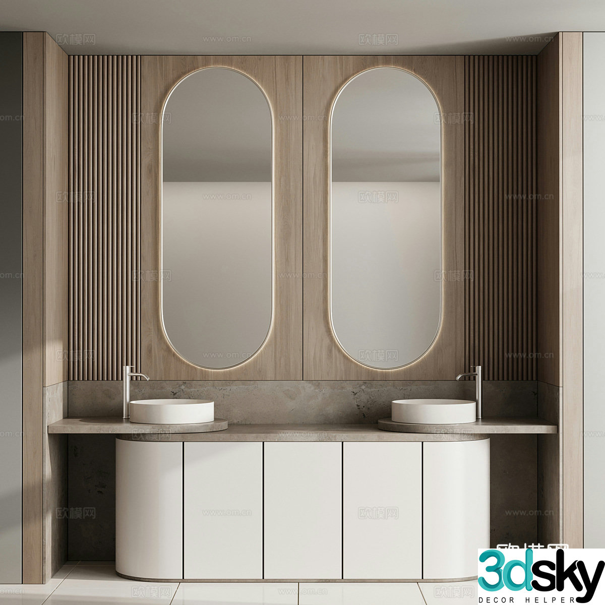 Middle-aged bathroom cabinet bathroom sink double basin washbasin countertop basin bathroom mirror public 3D model