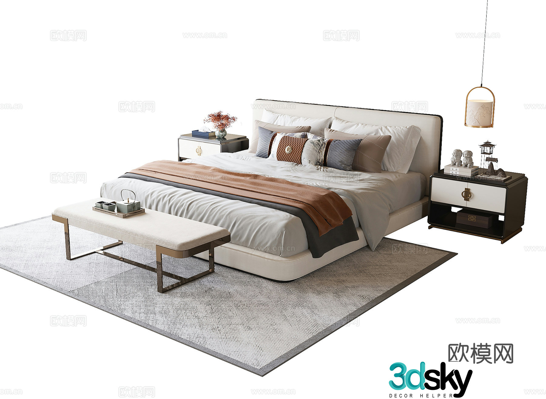 New Chinese style double bed bed tail stool bedside table 3D model