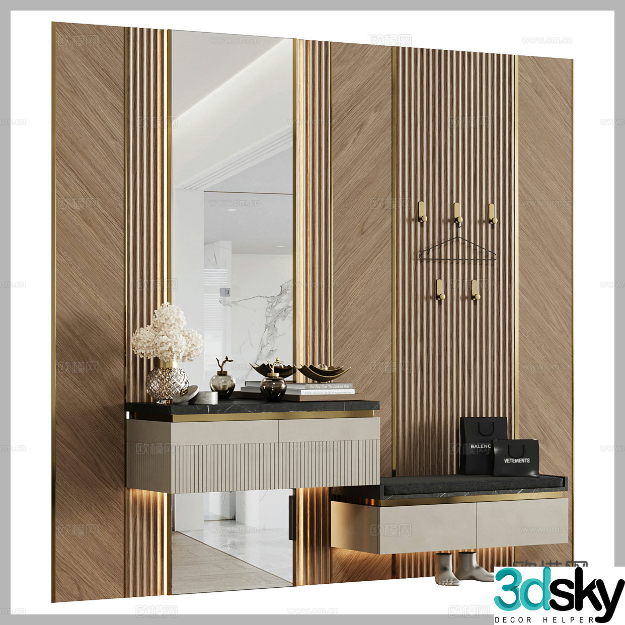 Chinese dressing table dressing table background wall solid wood background wall bedroom background wall living room background wall 3d model