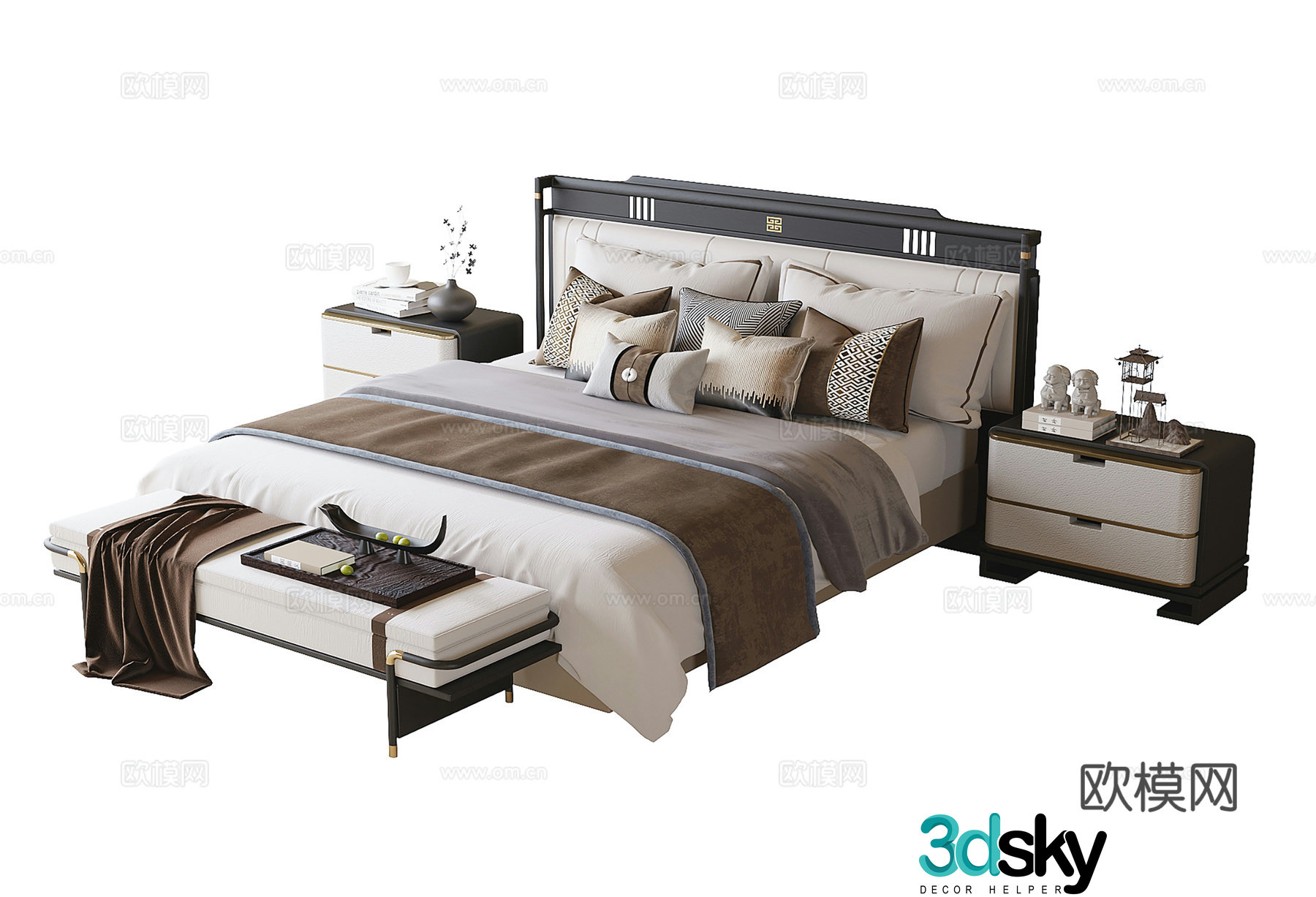 New Chinese style double bed bed tail stool bedside table 3D model