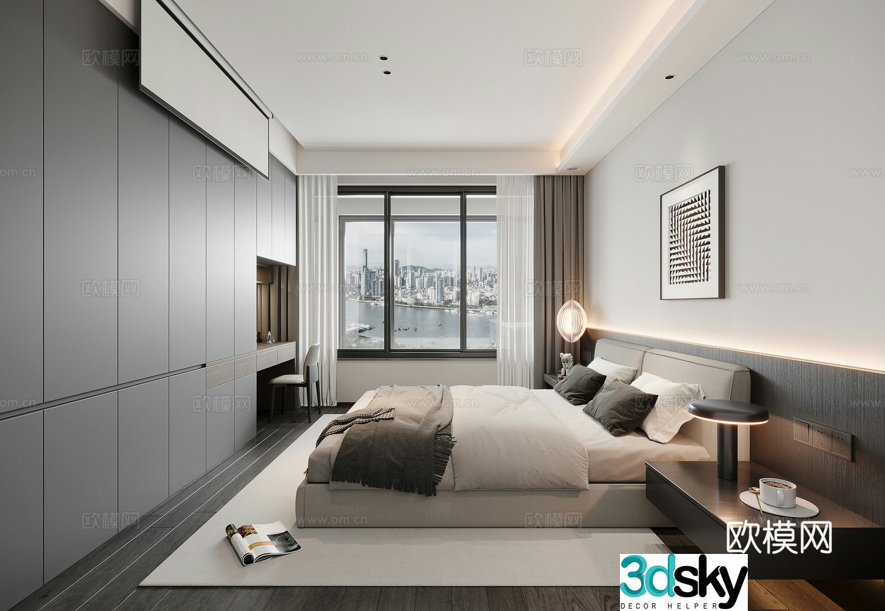 Modern minimalist black white and gray bedroom 3d model