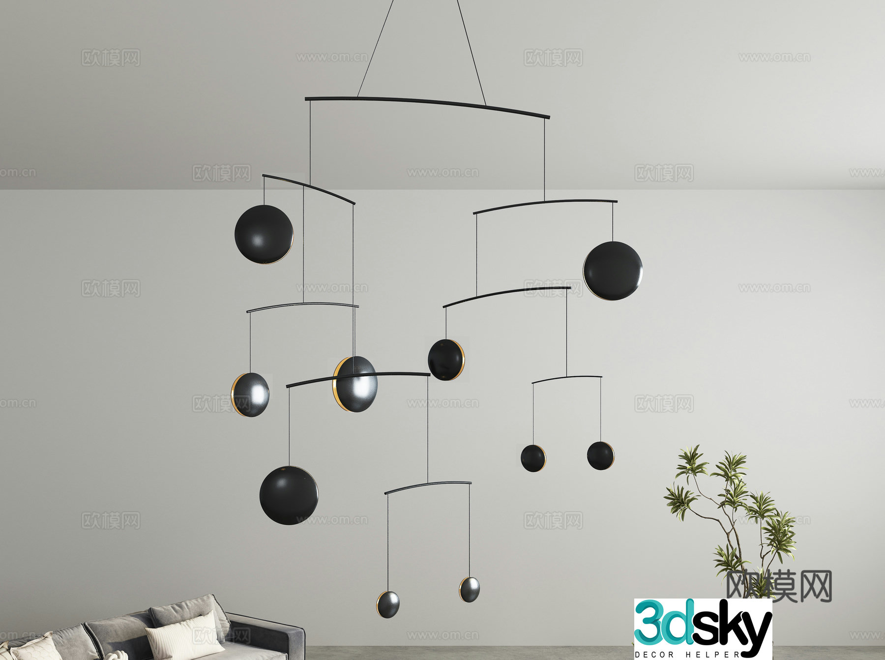 Modern villa empty hanging line light 3d model