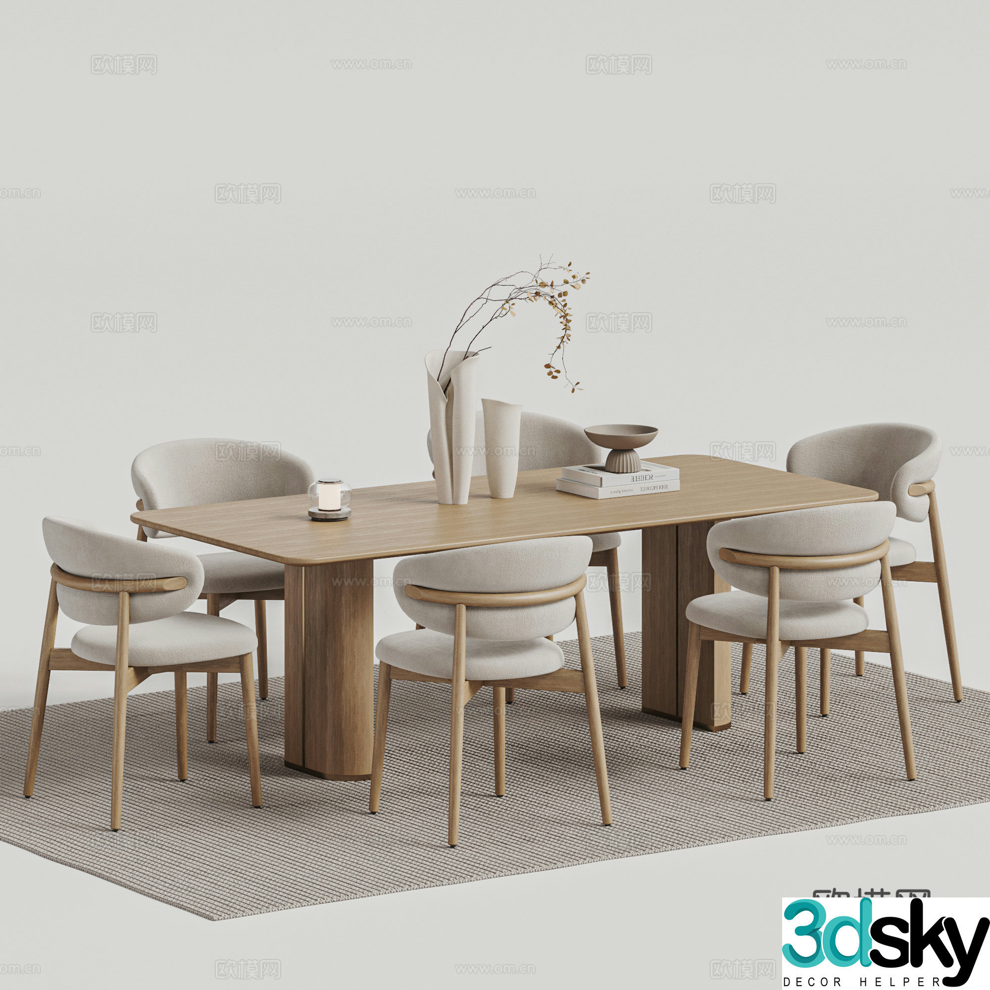 Log-style dining table and chair combination 3D model