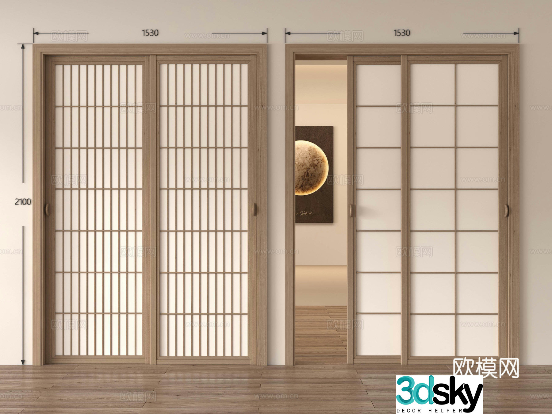 Japanese sliding door New Chinese sliding door Wooden door Sliding door Glass door Bedroom door Kitchen and bathroom 3D model