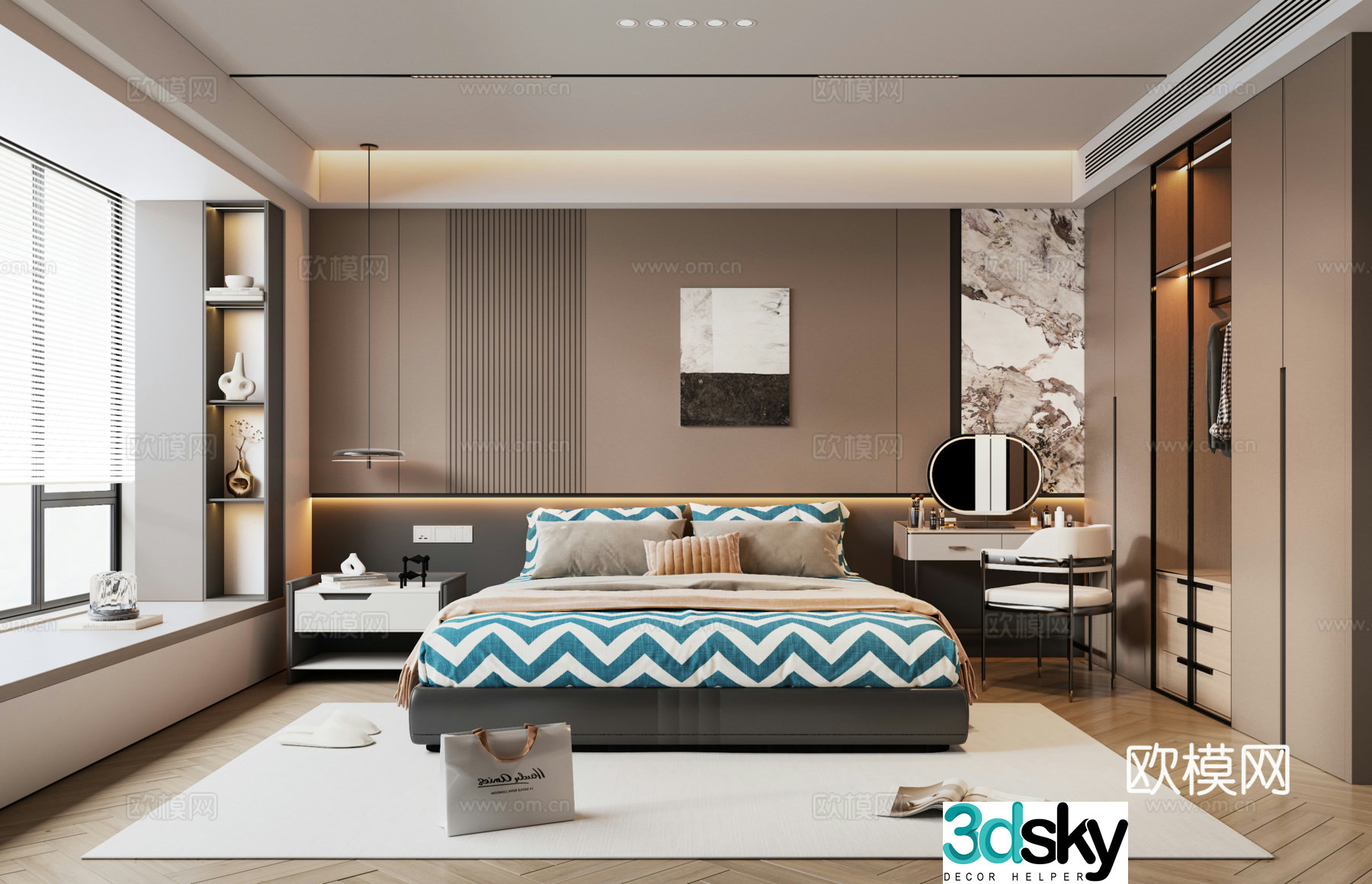 Modern Italian bedroom double bed Italian wardrobe background wall bedside table bay window 3d model