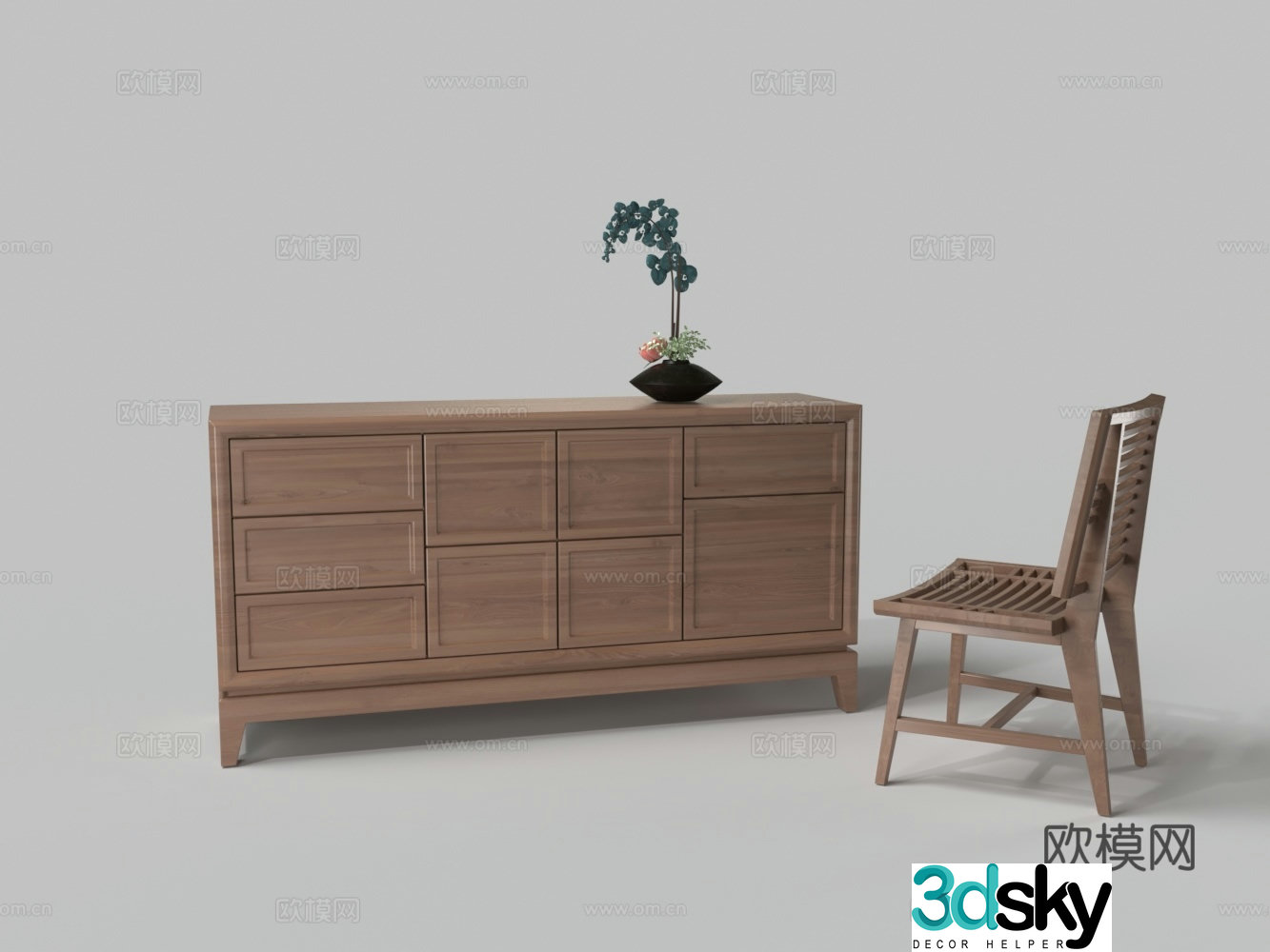 Modern solid wood side cabinet single chair 3D model