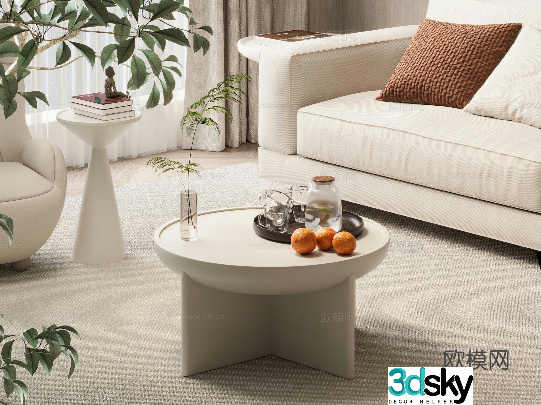 Wasabi style coffee table creamy style living room coffee table round coffee table stone side table 3D model