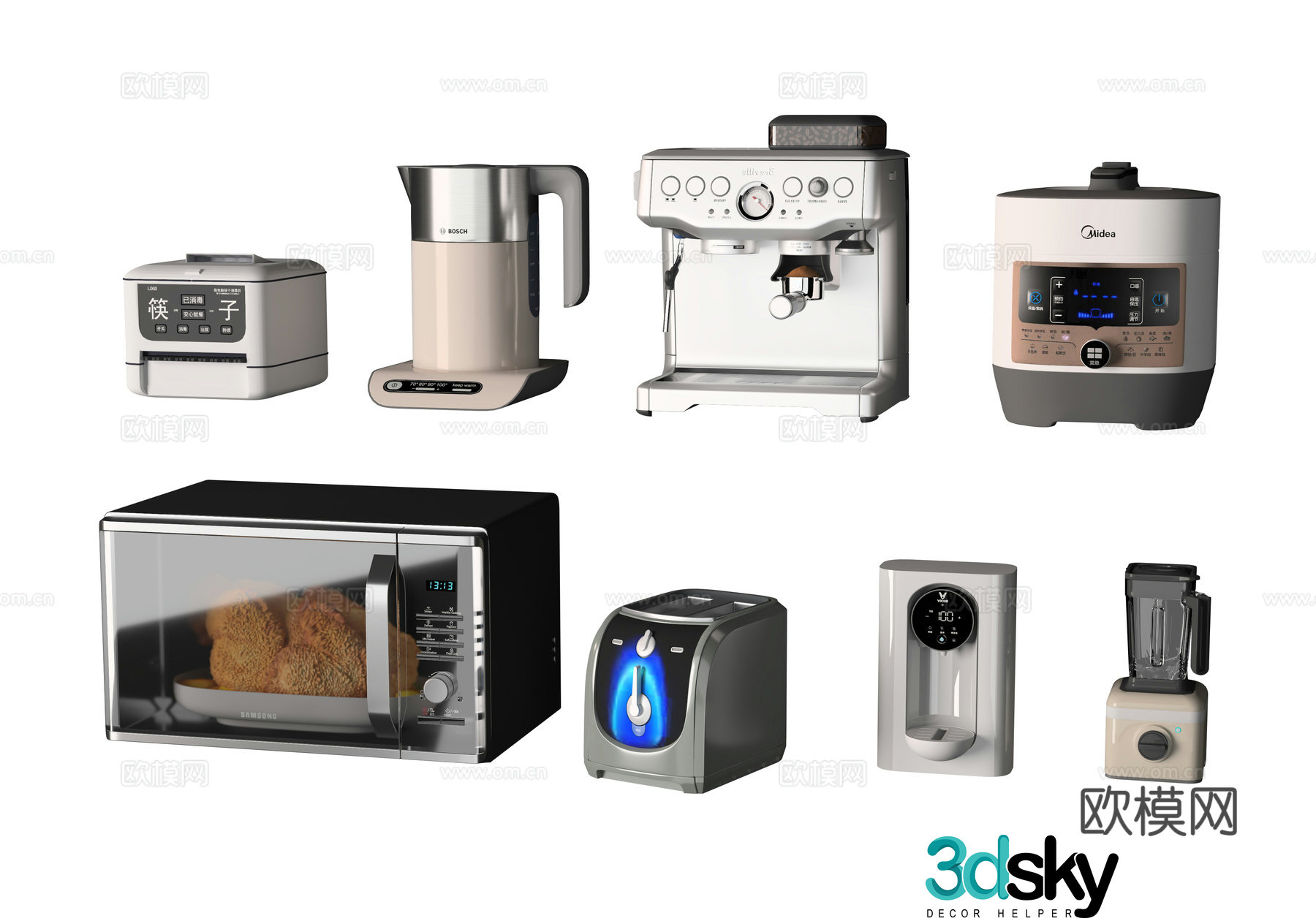 Modern kitchen appliances microwave oven electric kettle coffee maker 3d model