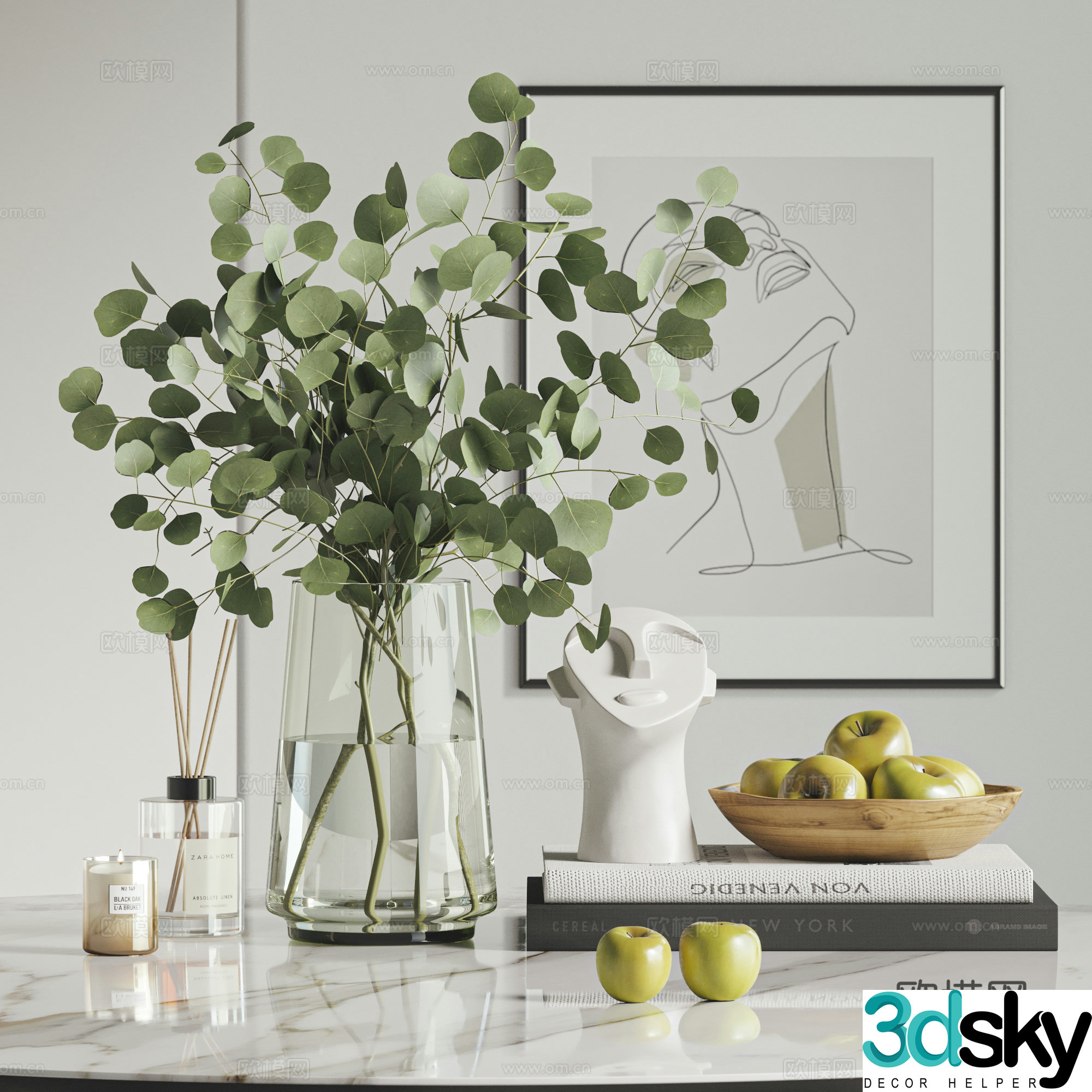 Modern ornament combination glass vase ucalyptus sculpture book 3d model
