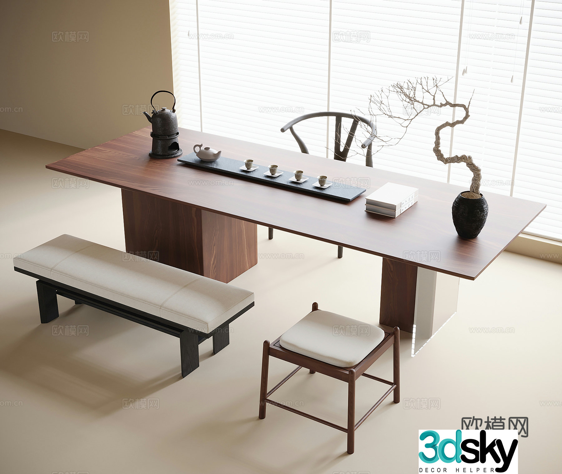 Modern tea table and chair combination bench stool tea set 3d model
