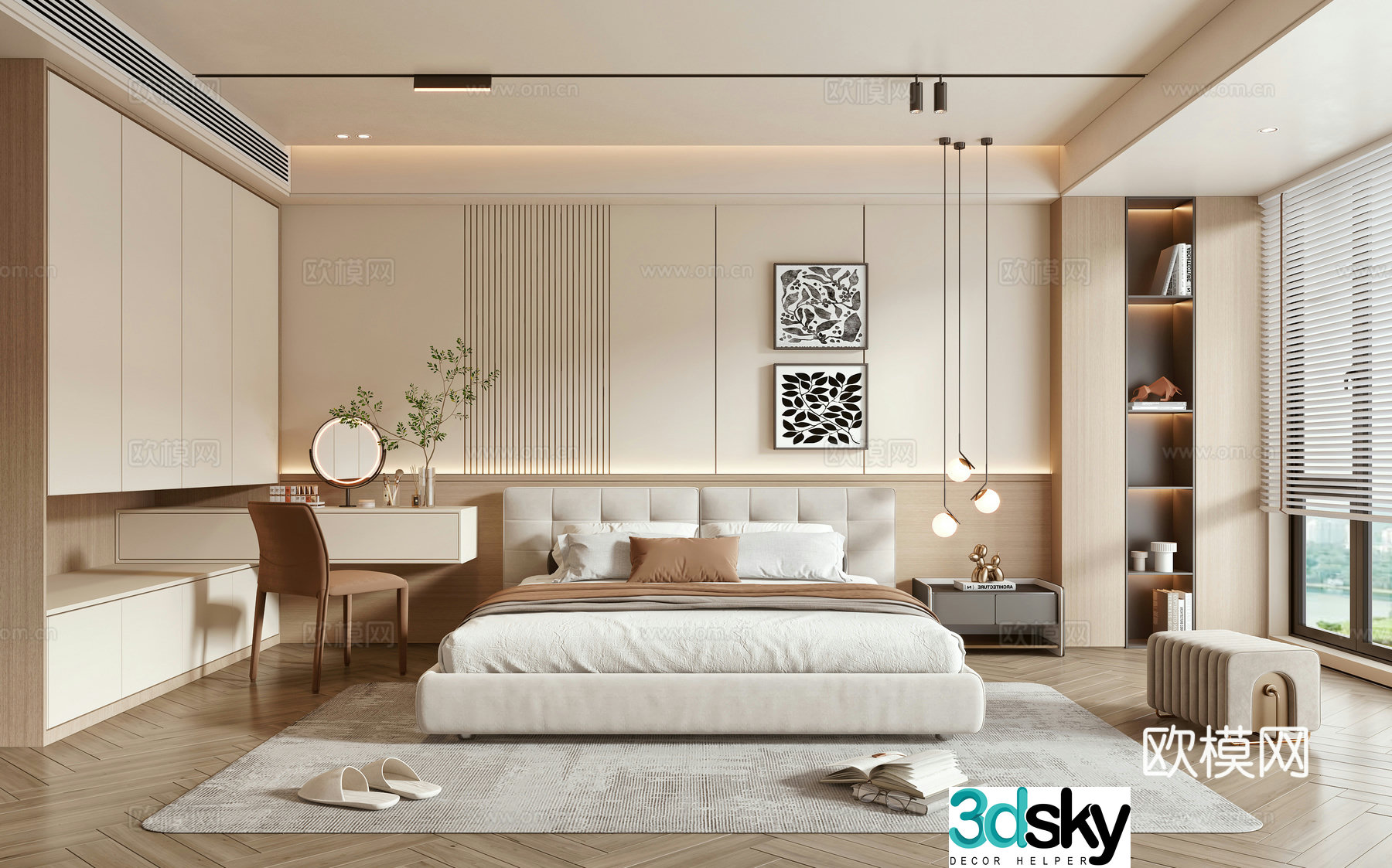 Creamy style home bedroom 3d model