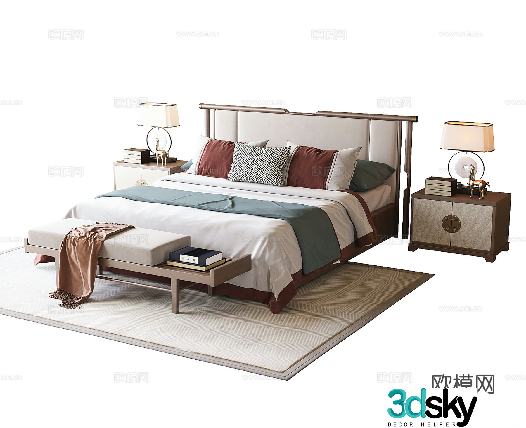 New Chinese style double bed bed tail stool bedside table 3D model