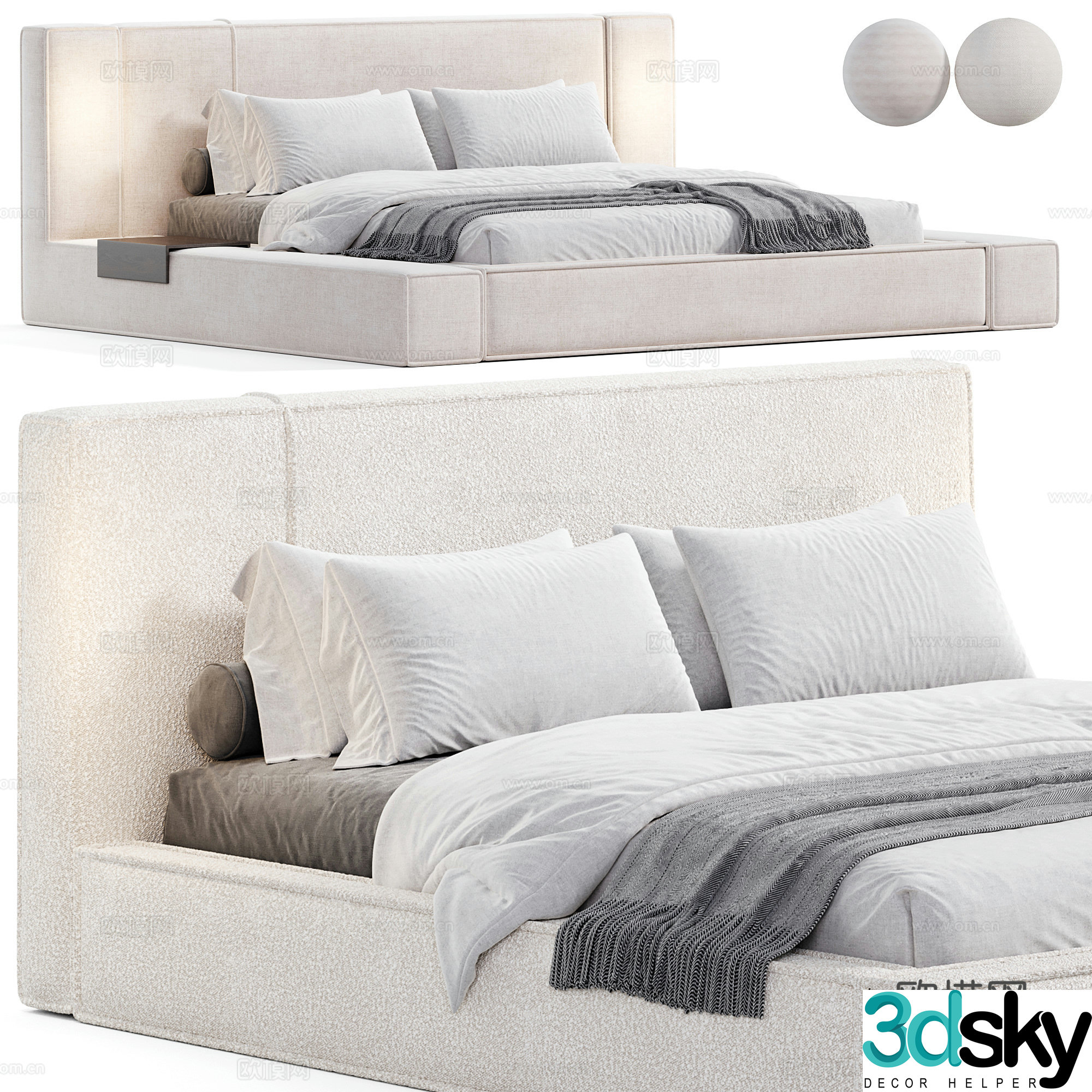 Modern Cream Style Porter Fabric Double Bed 3D Model