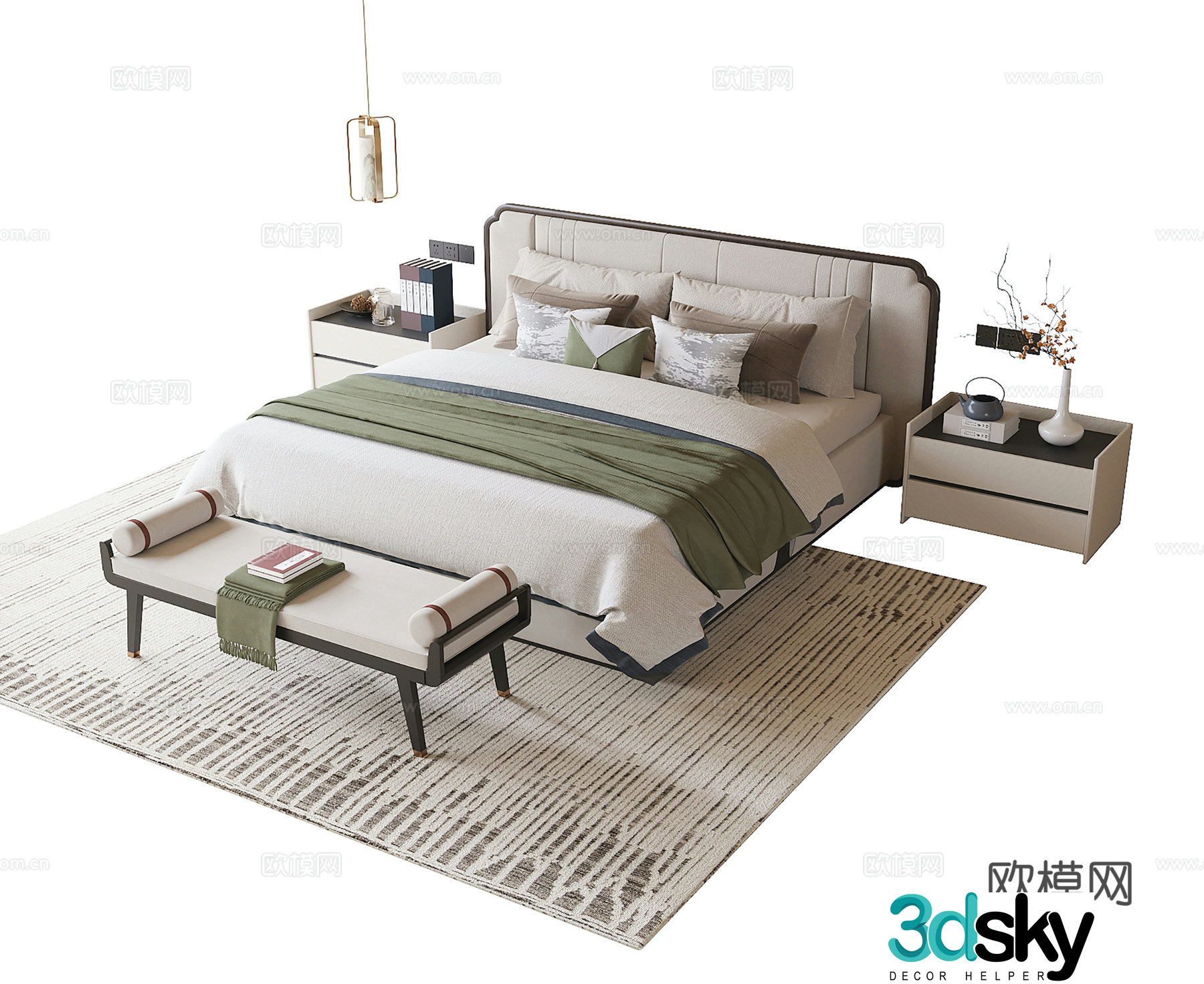 New Chinese style double bed bed tail stool bedside table 3D model