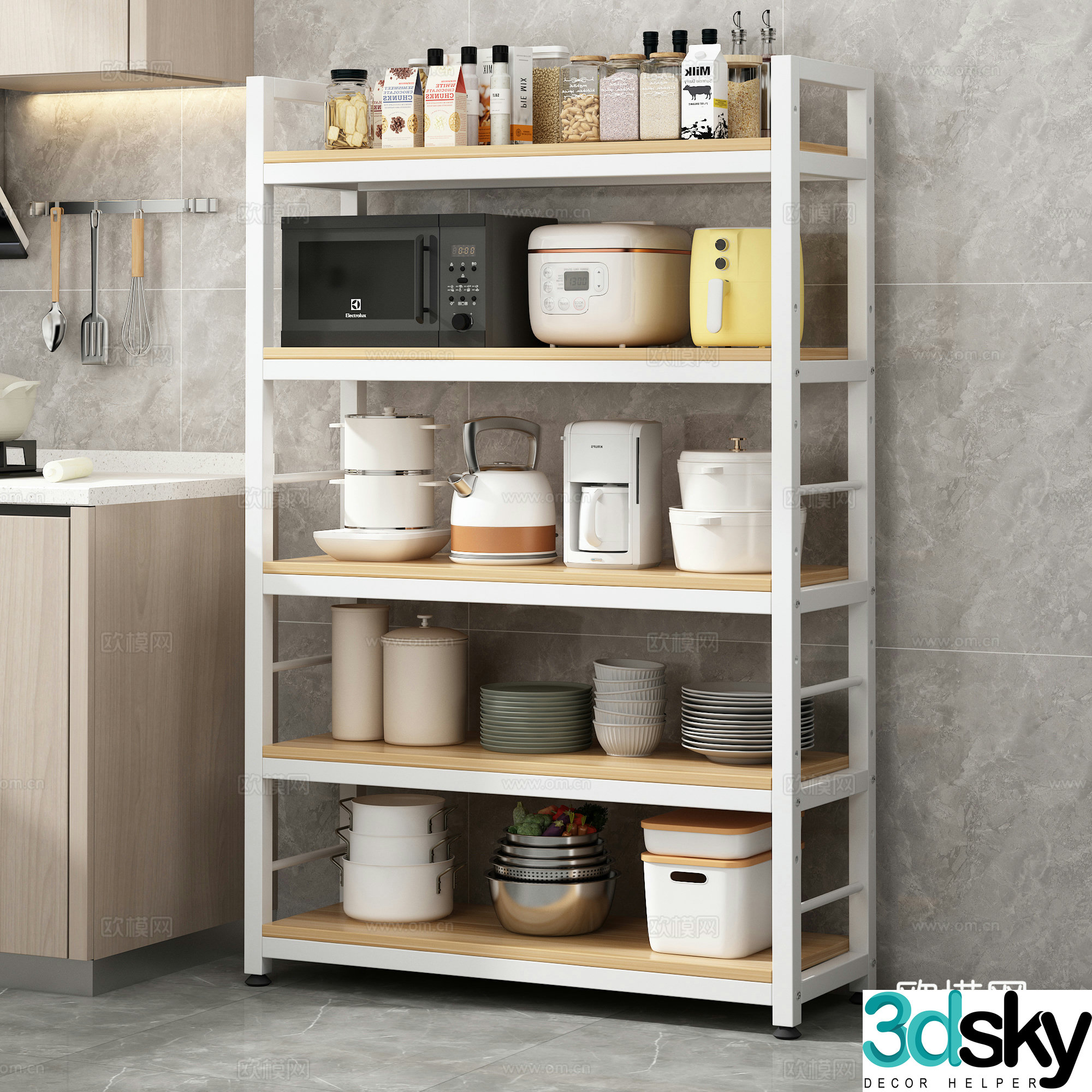Modern kitchen shelf microwave oven kitchen supplies seasoning bottle pots and pans 3d model