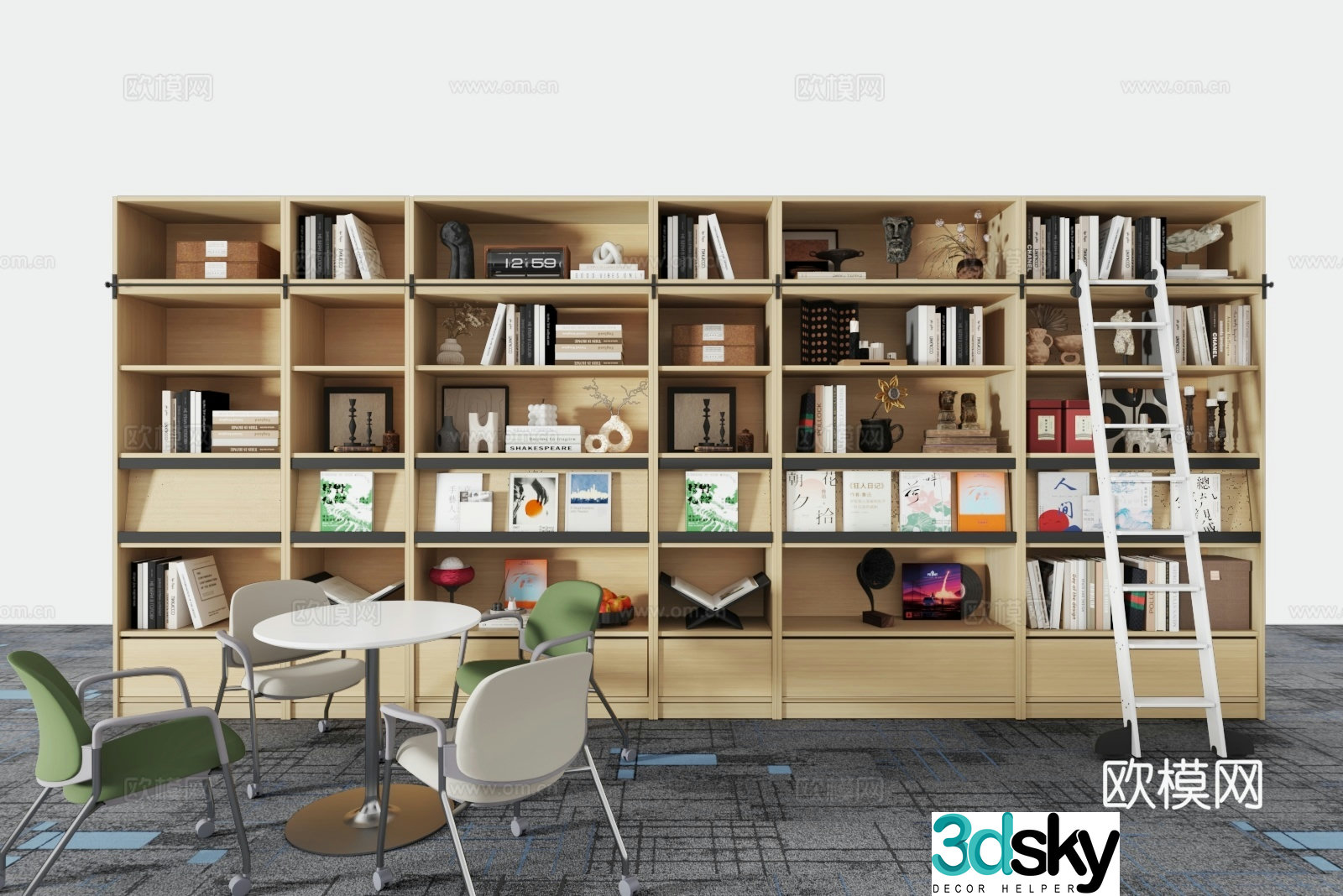 Modern bookcase table and chair combination 3D model