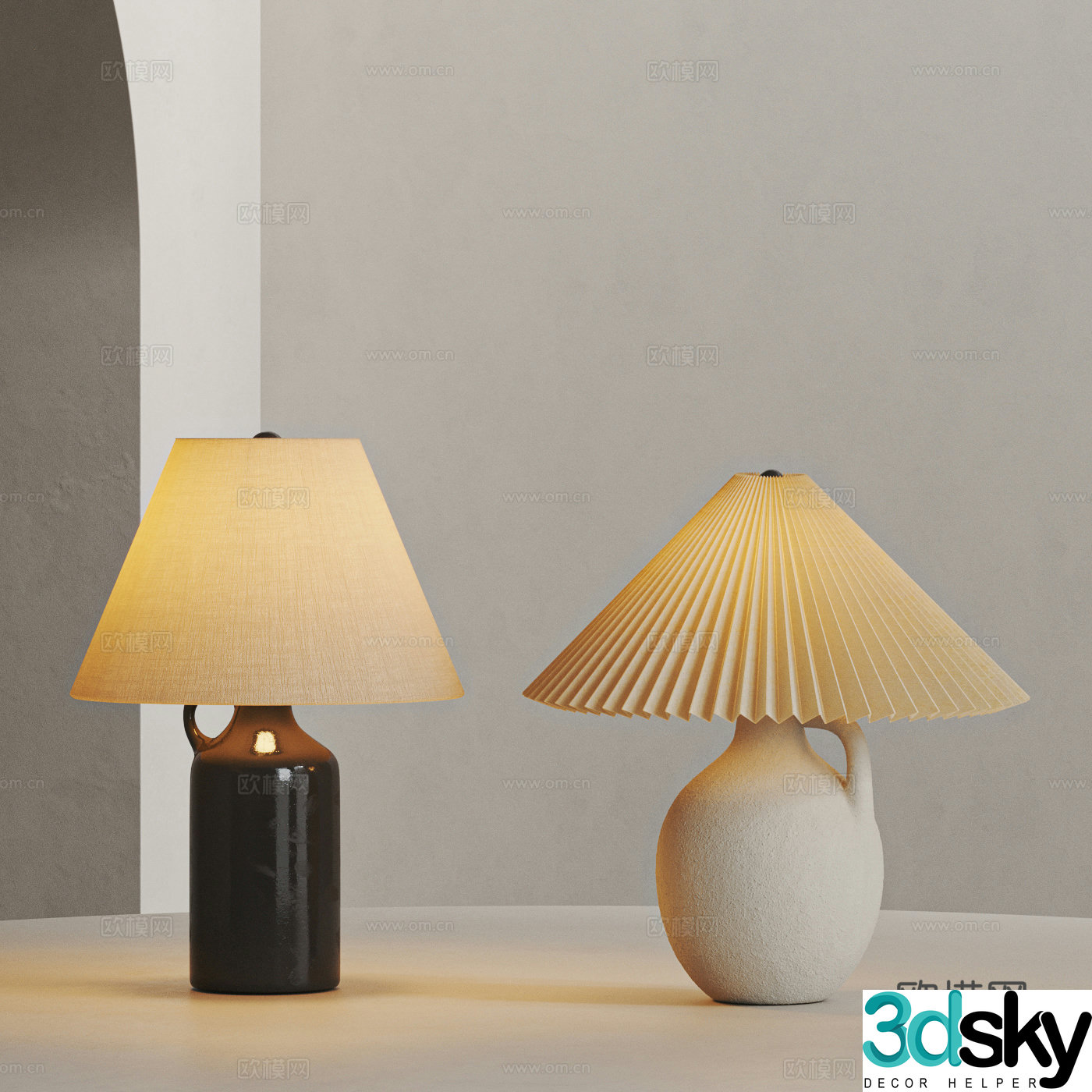 Middle-aged wind table lamp combination linen fabric table lamp pleated table lamp pot table lamp cream wind table lamp 3D model