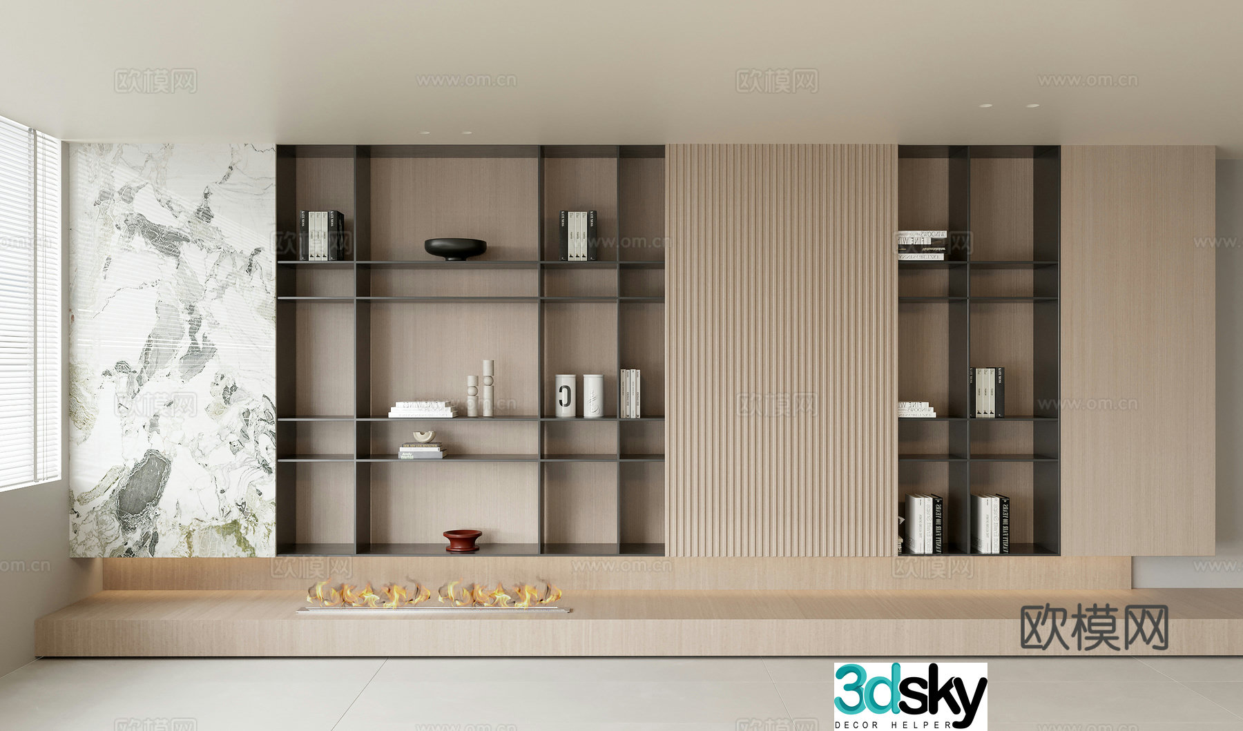 Solid wood bookcase Solid wood background decoration cabinet Books Ornament ornament Fireplace 3d model