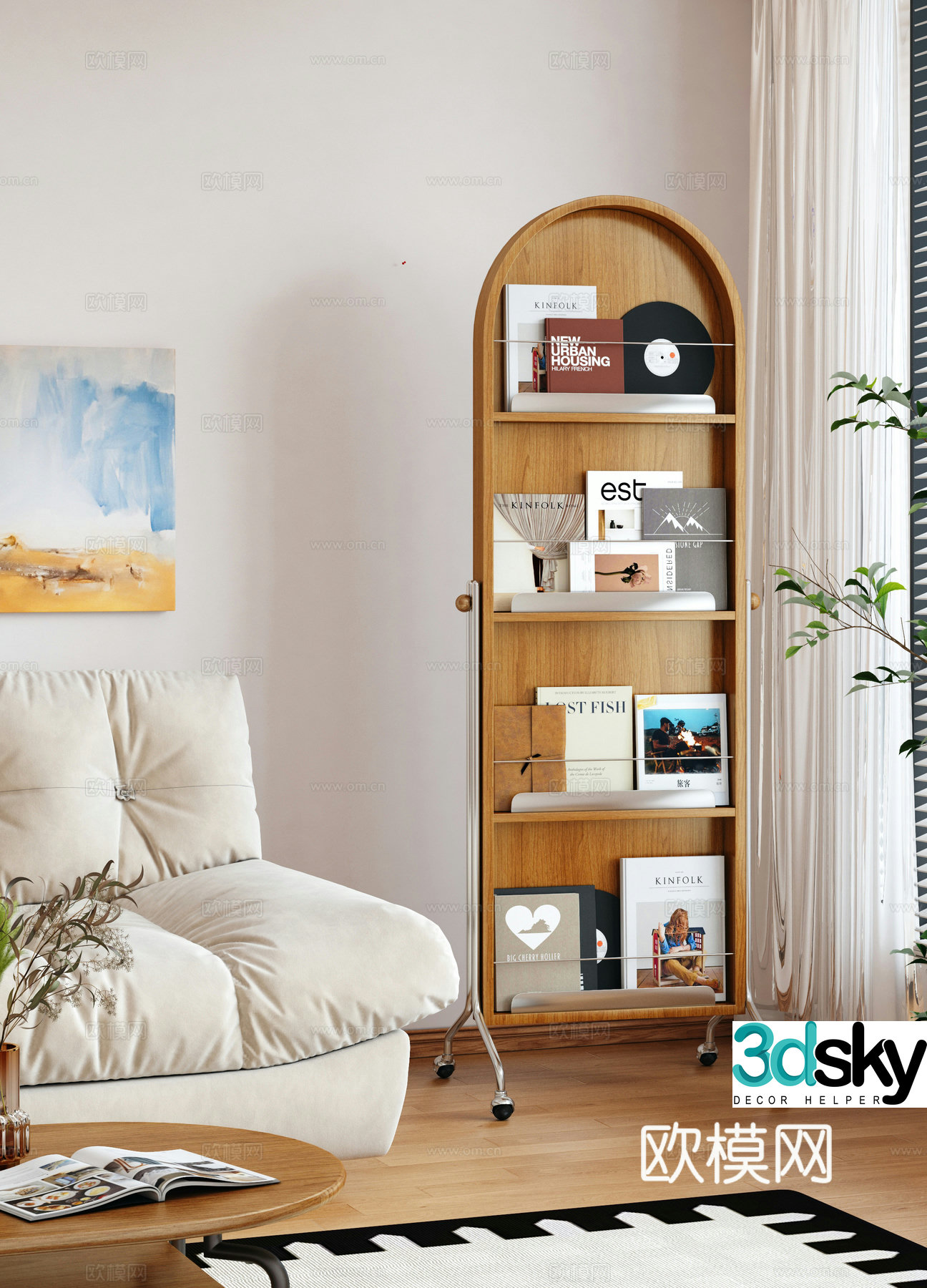 Modern log bookshelf Mobile floor fitting mirror Magazine rack Decorative rack 3d model
