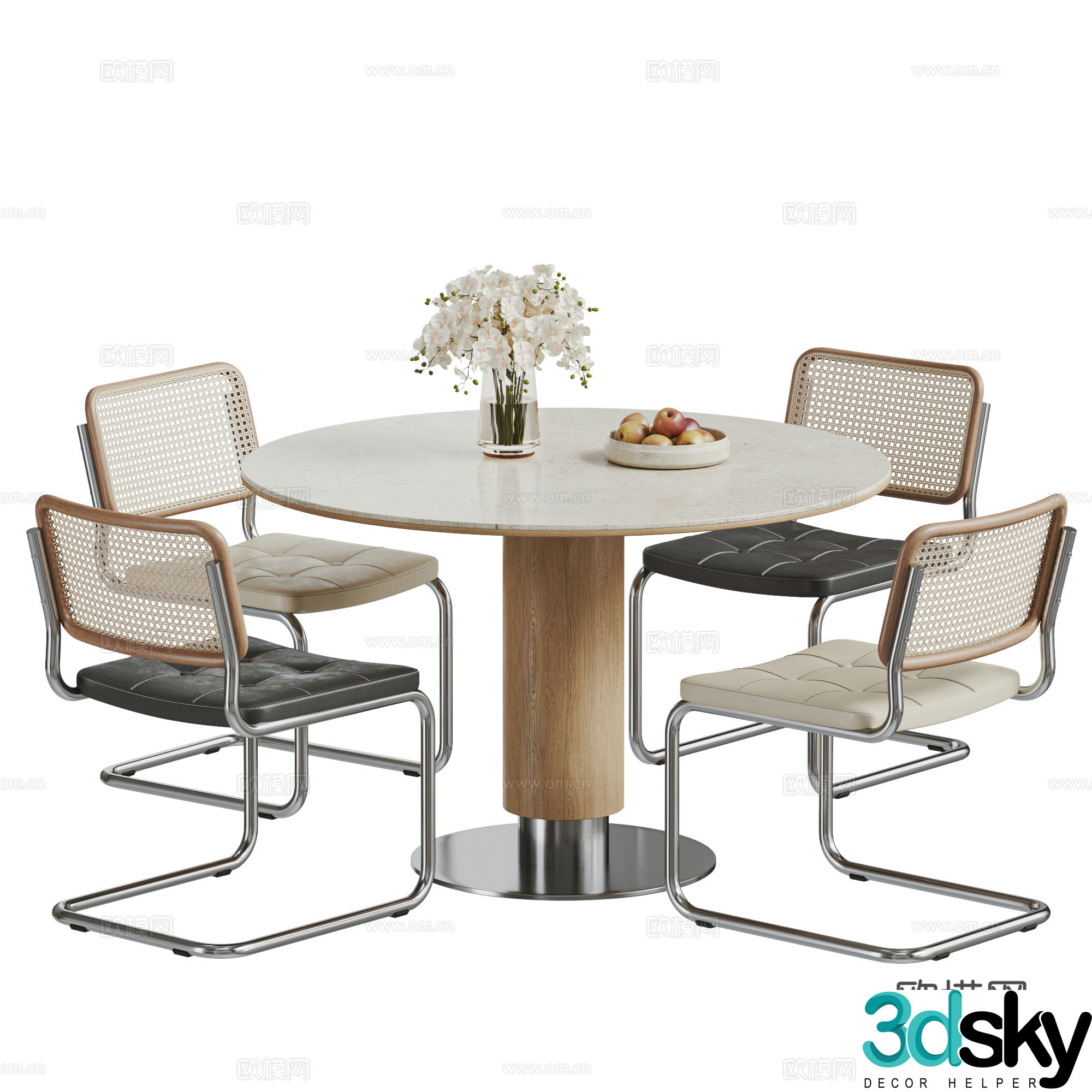 Modern log wind tunnel stone rock slab dining table and chairs round dining table and chairs creamy dining table and chairs rattan dining chair 3d model