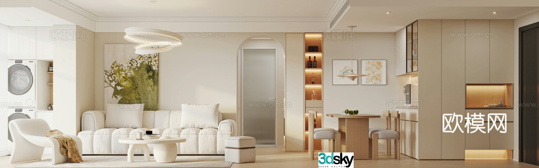 Modern Cream Living and Restaurant 3D Model