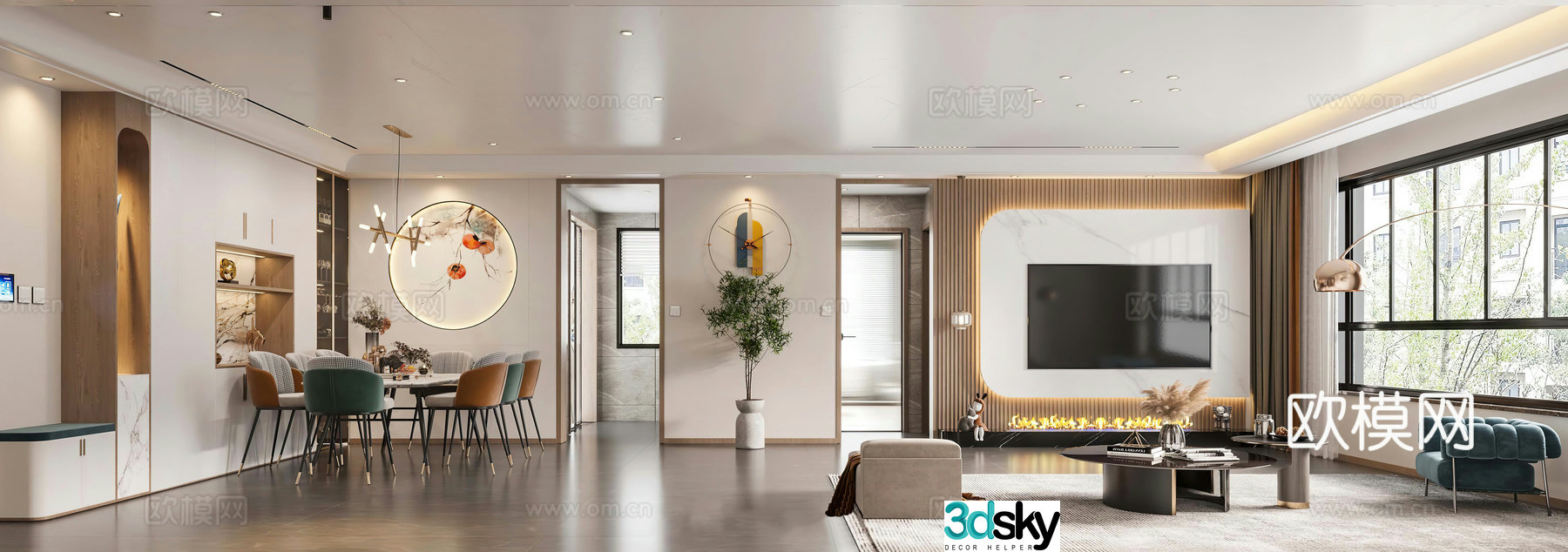 Modern living and dining room TV background wall Dining table Light luxury living room TV cabinet Leisure chair Coffee table 3d model