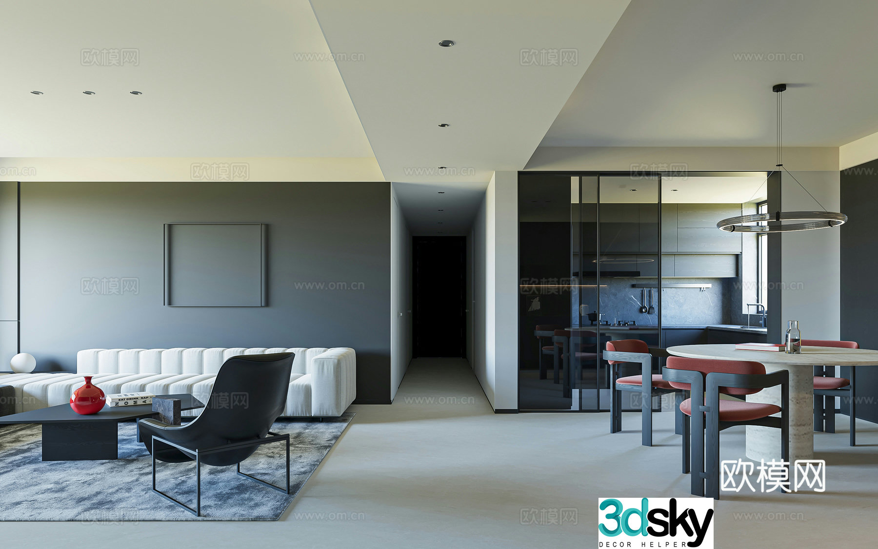 Modern Italian horizontal hall vertical hall high-end gray large flat layer black and white gray without main light 3D model